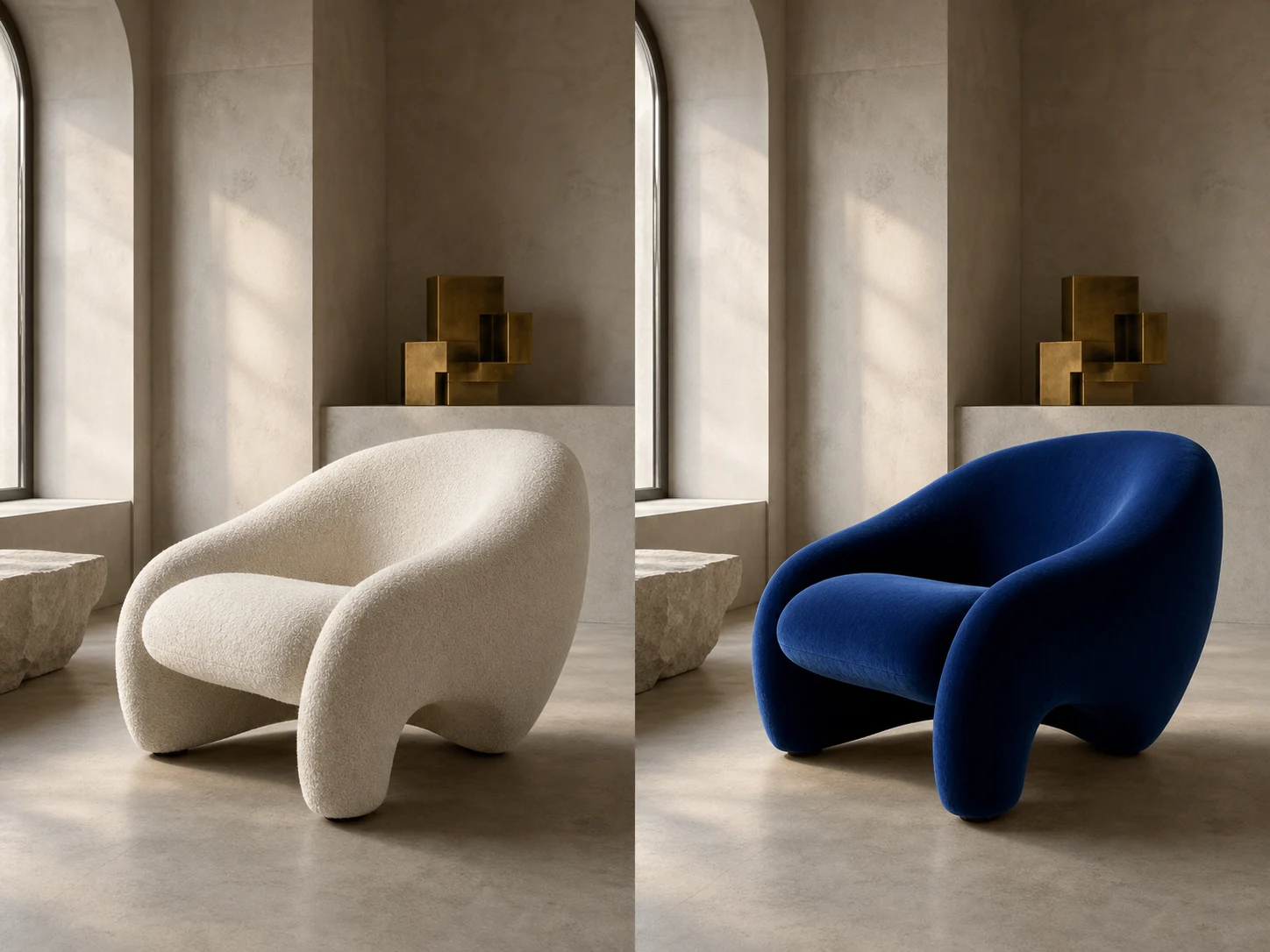 Matching lounge chair scene with ivory boucle changed to cobalt velvet