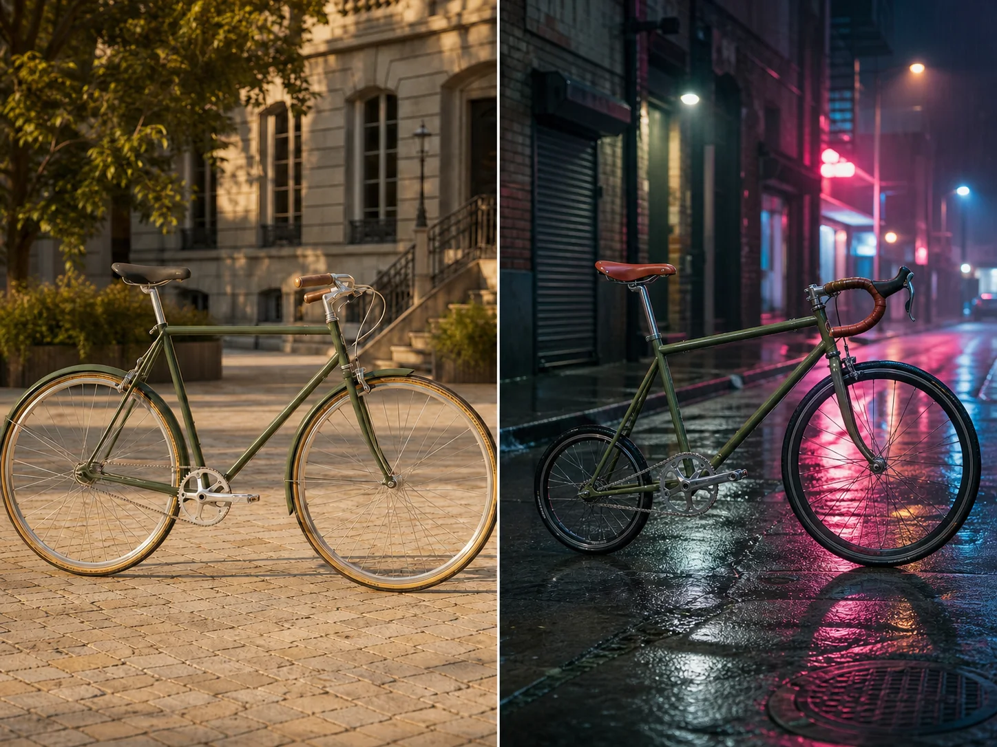 The same bicycle edit with uncontrolled changes to geometry, framing, and background