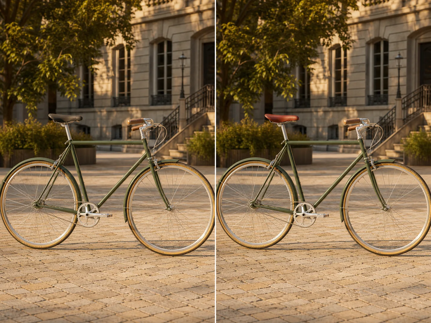 Bicycle product photograph changing only the saddle color while preserving geometry and setting