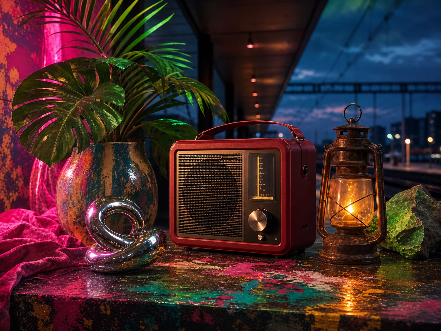 The same radio scene disrupted by conflicting props, styles, and lighting