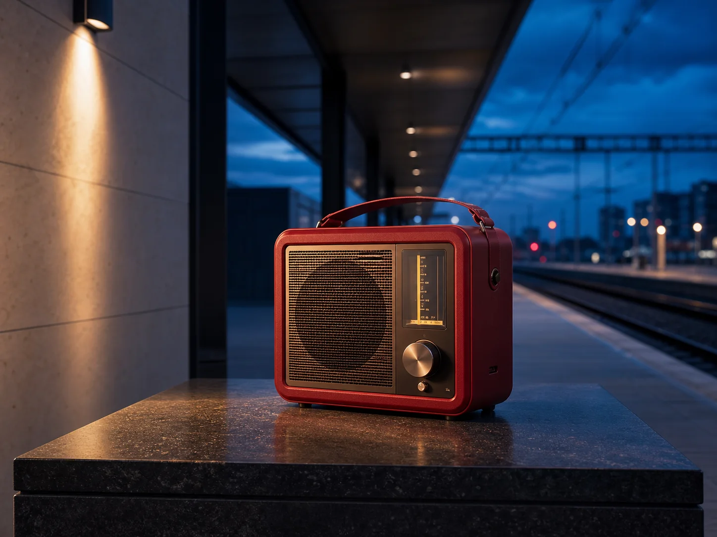 Clear product scene with one crimson transit radio, intentional framing, and coherent light