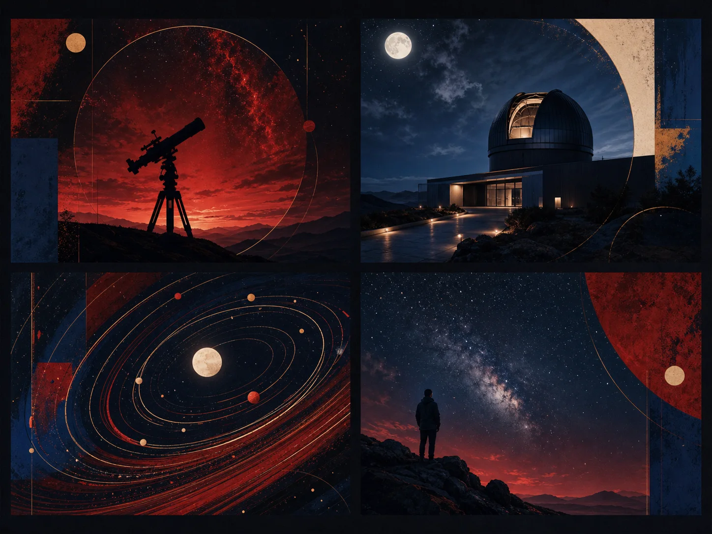 Four coordinated Grok Imagine campaign concepts for a fictional midnight observatory event