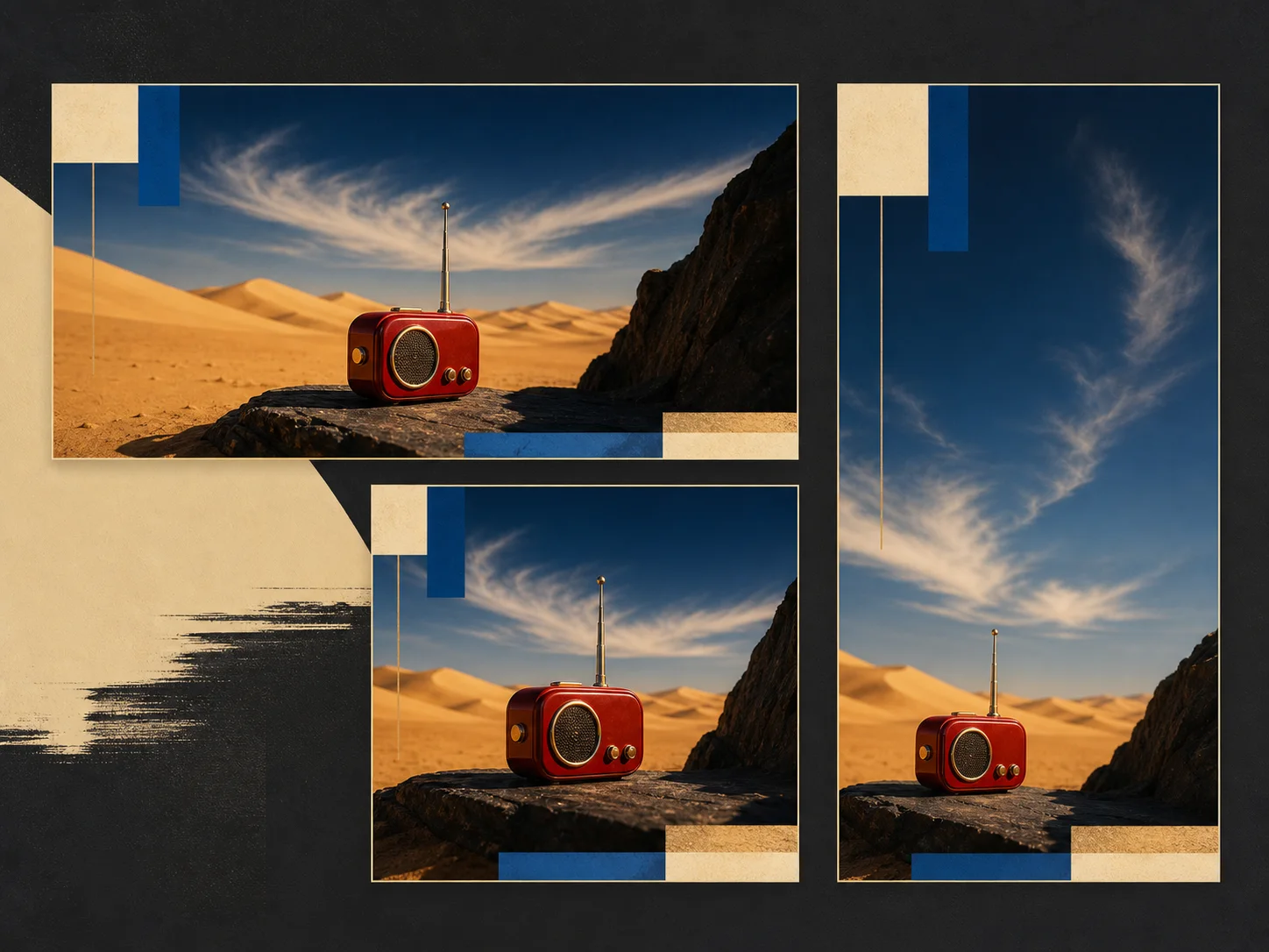 One fictional desert radio campaign adapted for landscape, square, and portrait formats