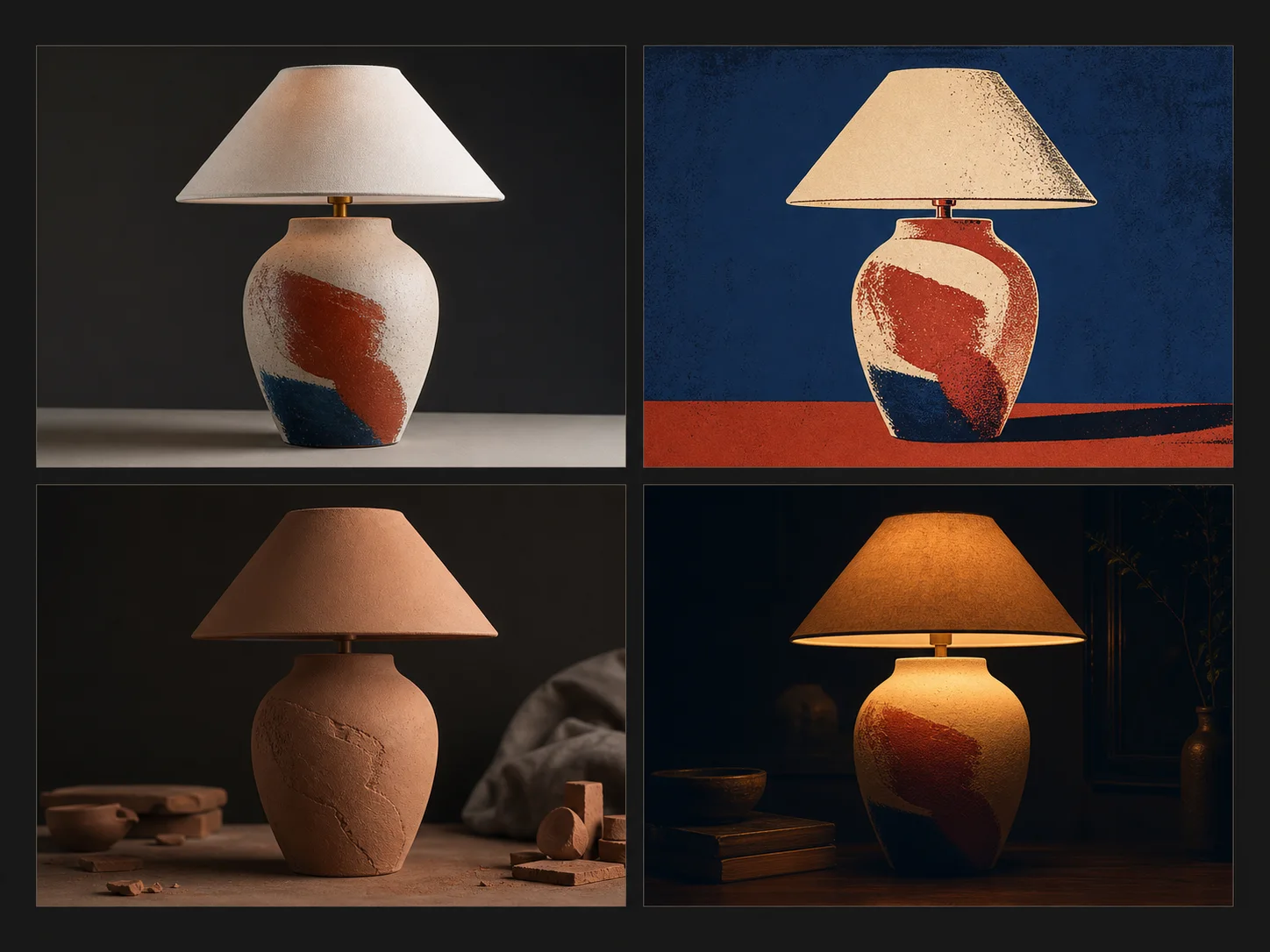Four on-brief visual treatments of the same original ceramic lamp