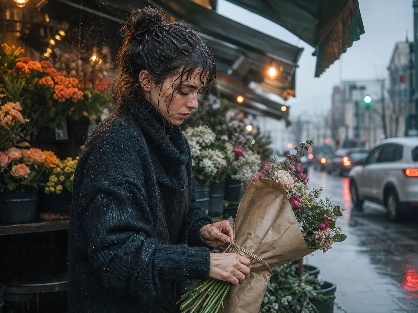 Finished realistic florist portrait with wet hair, textured wool, flowers, paper, and rainy light