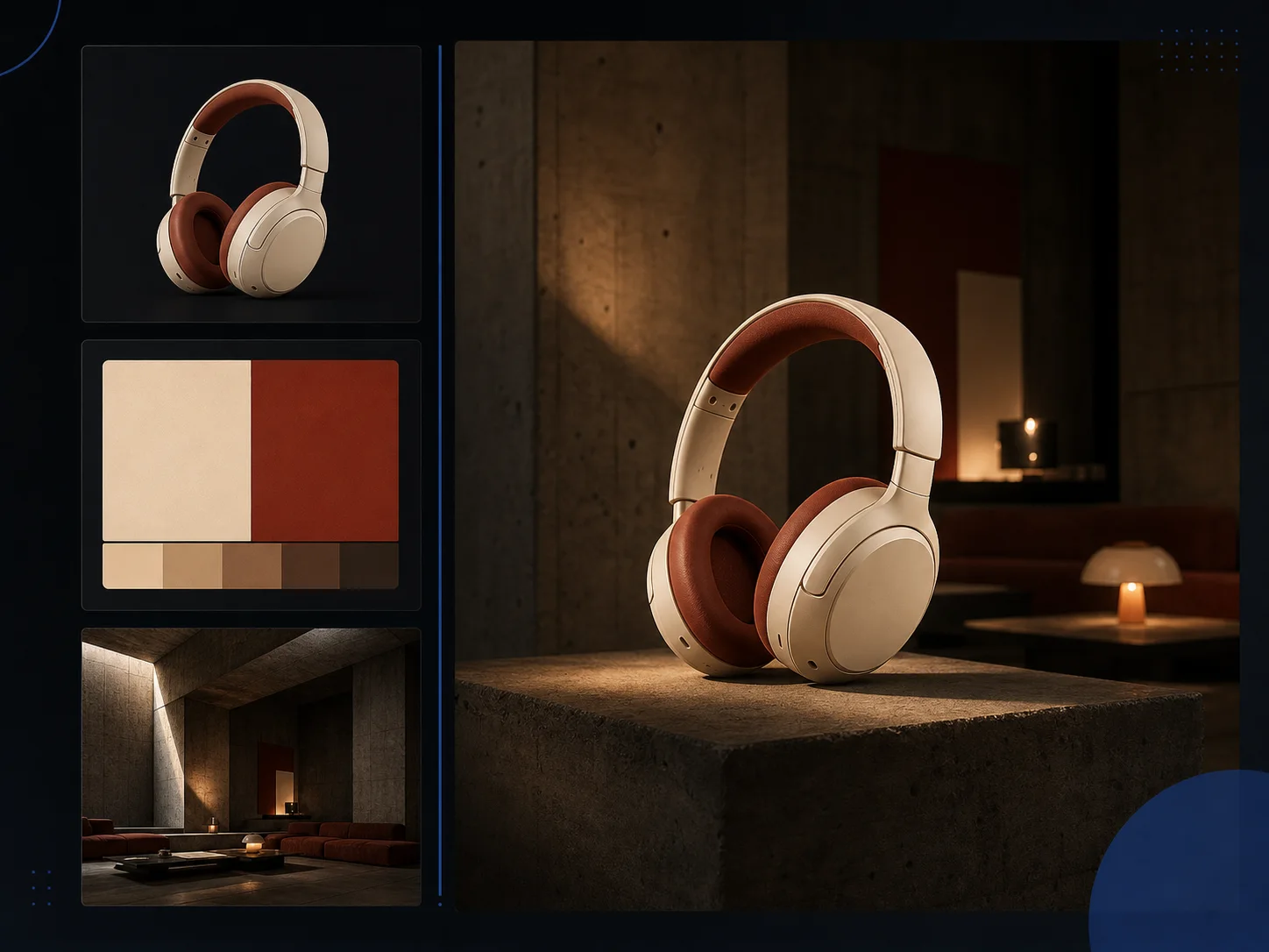 Three distinct references combined into one coherent fictional headphone campaign image