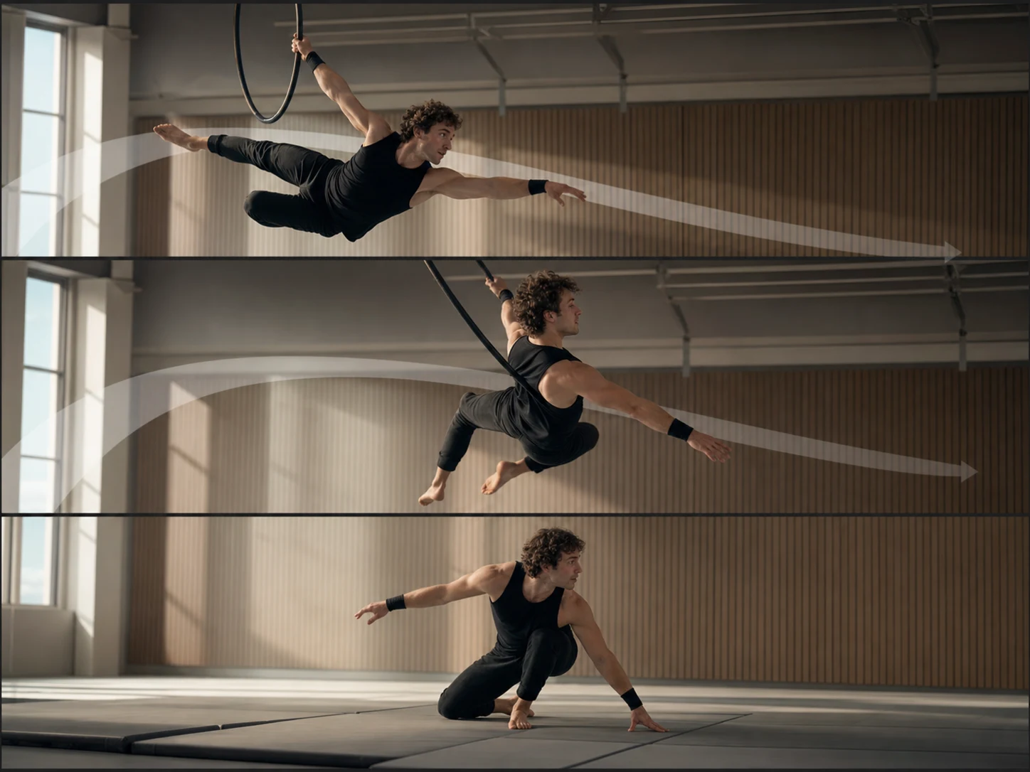Editorial three-frame board of one acrobatic movement with a stable camera path