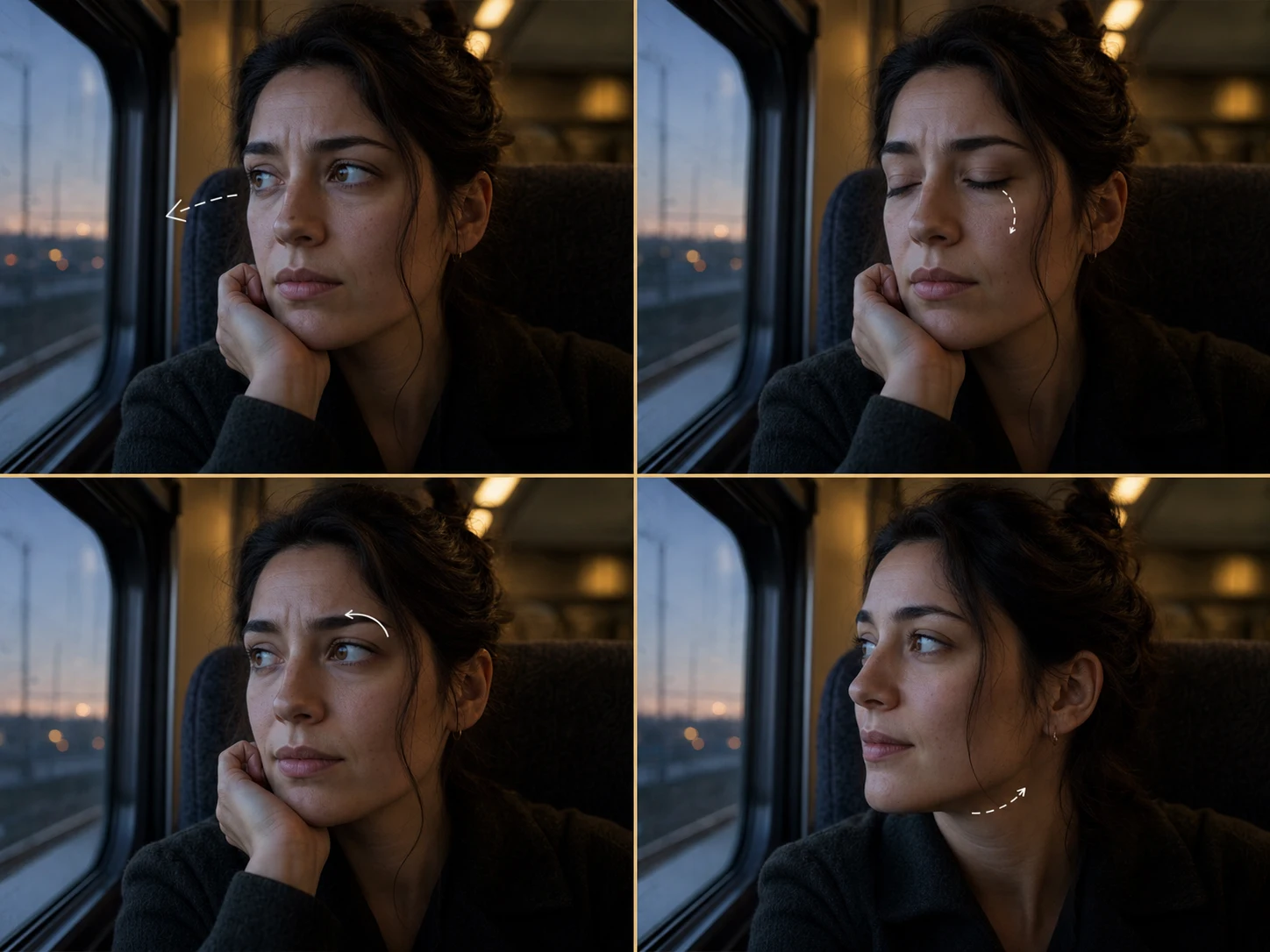 Editorial close-up storyboard marking gaze, brow, blink, and head-turn cues