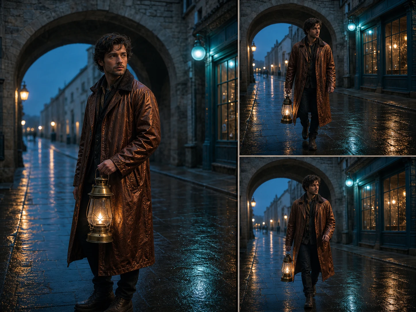 Editorial source-to-storyboard board preserving a copper coat, lantern, street, and framing