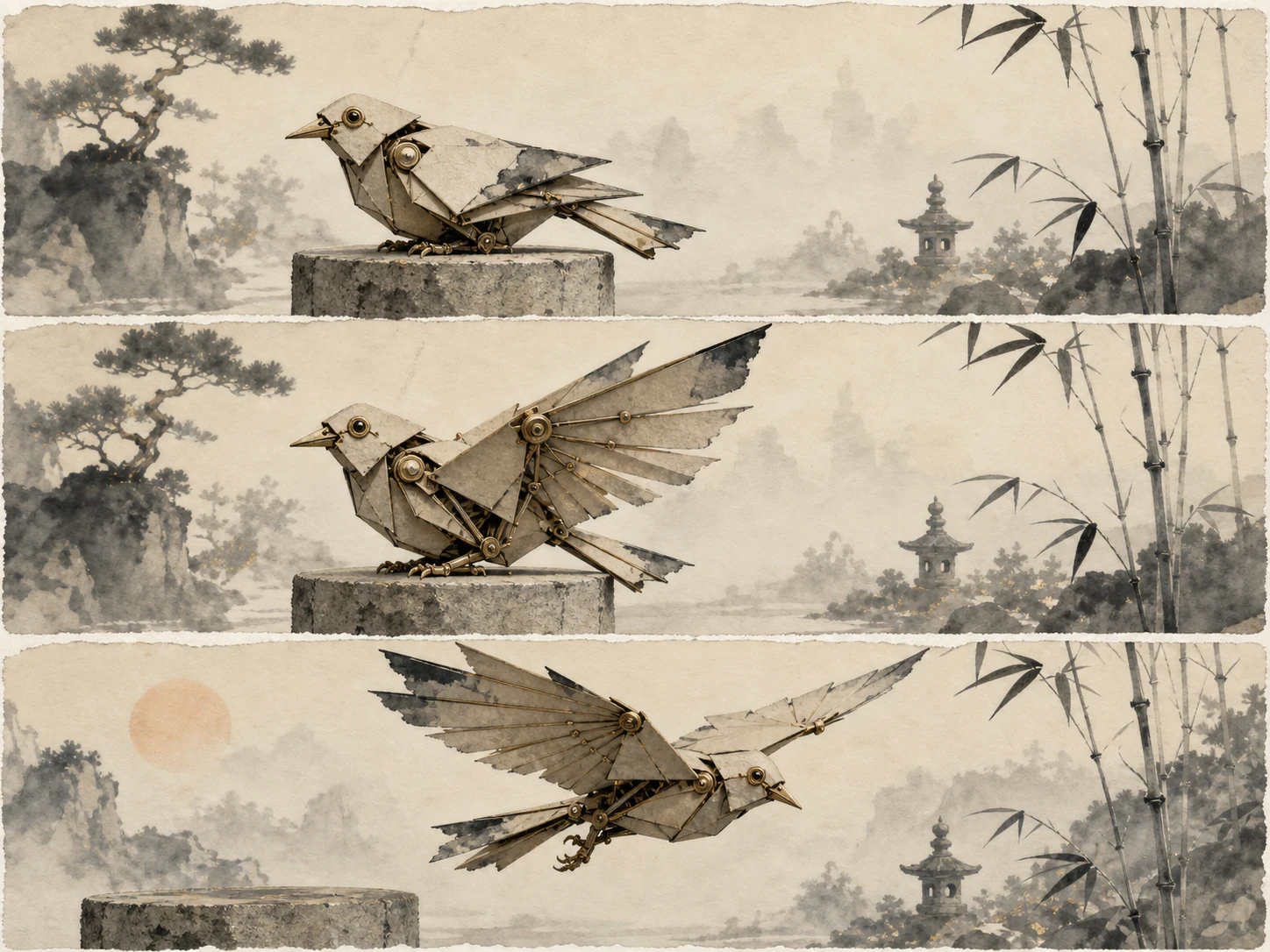 Editorial ink-and-paper mechanical bird storyboard with consistent original styling