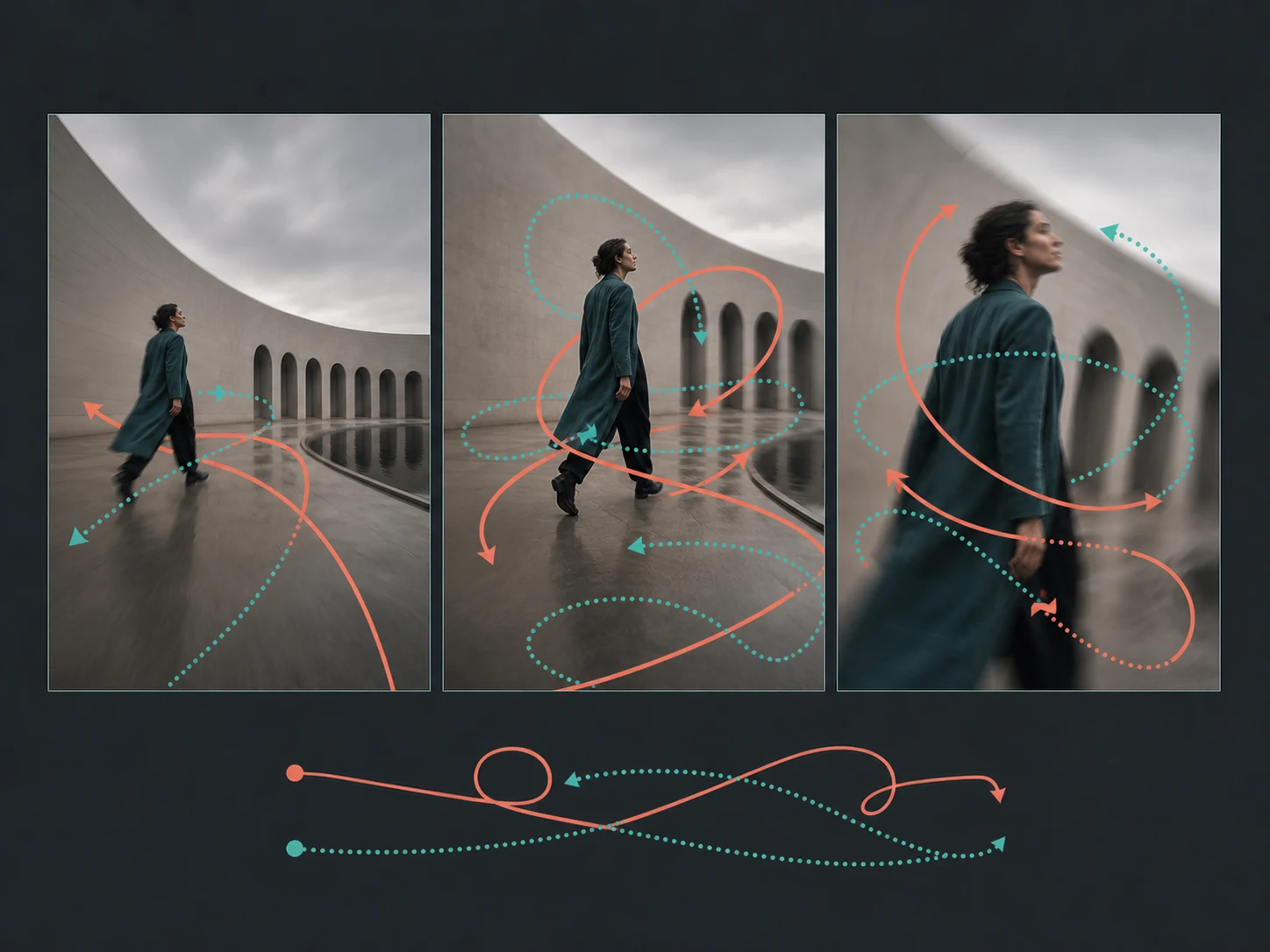 Avoid editorial storyboard with conflicting subject and camera motion paths