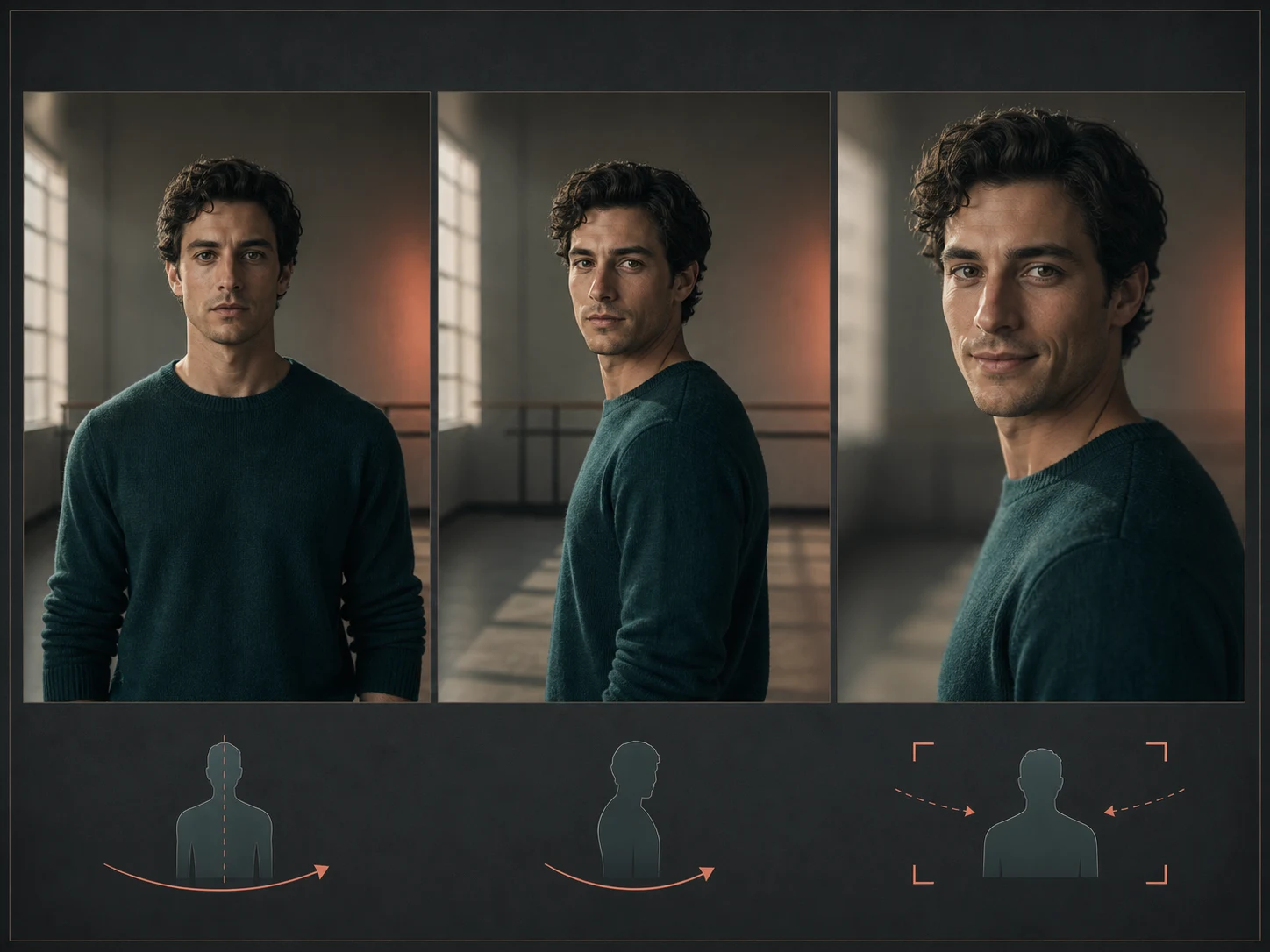 Editorial three-frame concept board separating character action, expression, and camera direction