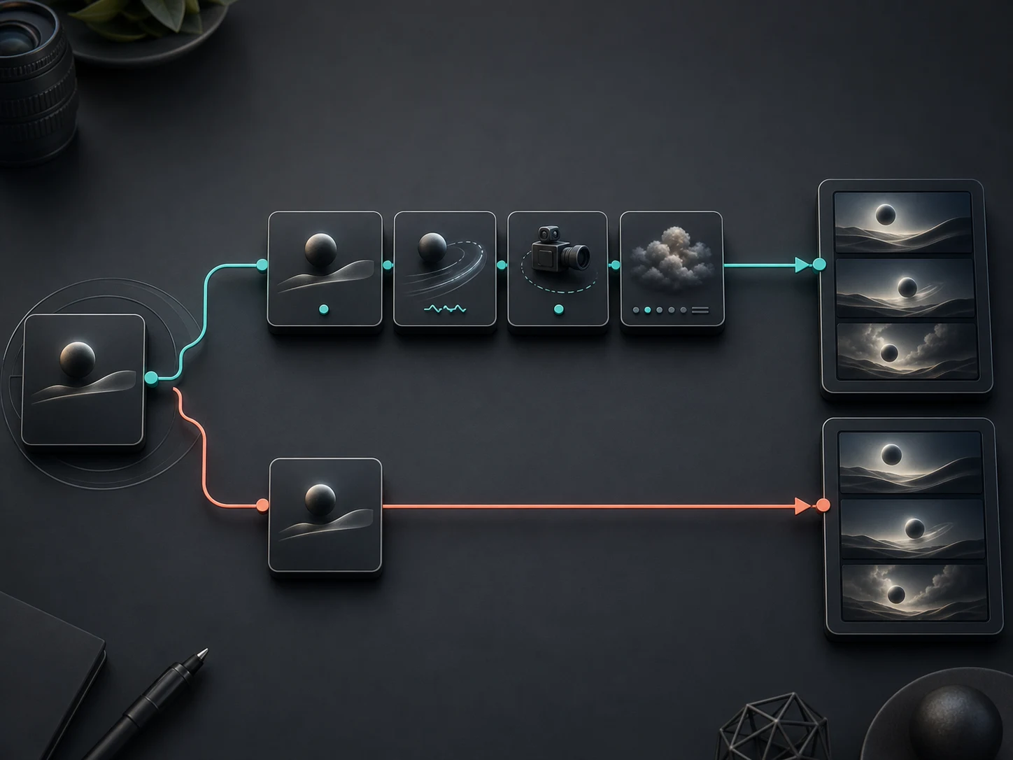 Editorial workflow diagram comparing an expanded prompt path with a precise prompt path
