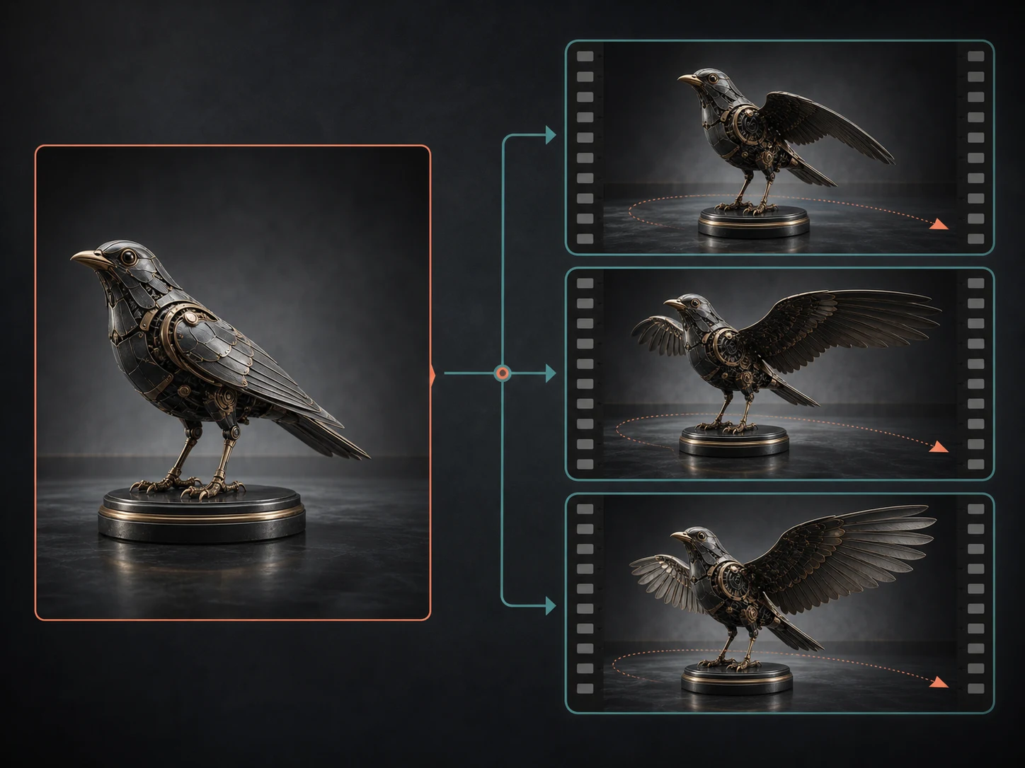Editorial start-frame concept board showing one mechanical bird image followed by a planned motion sequence