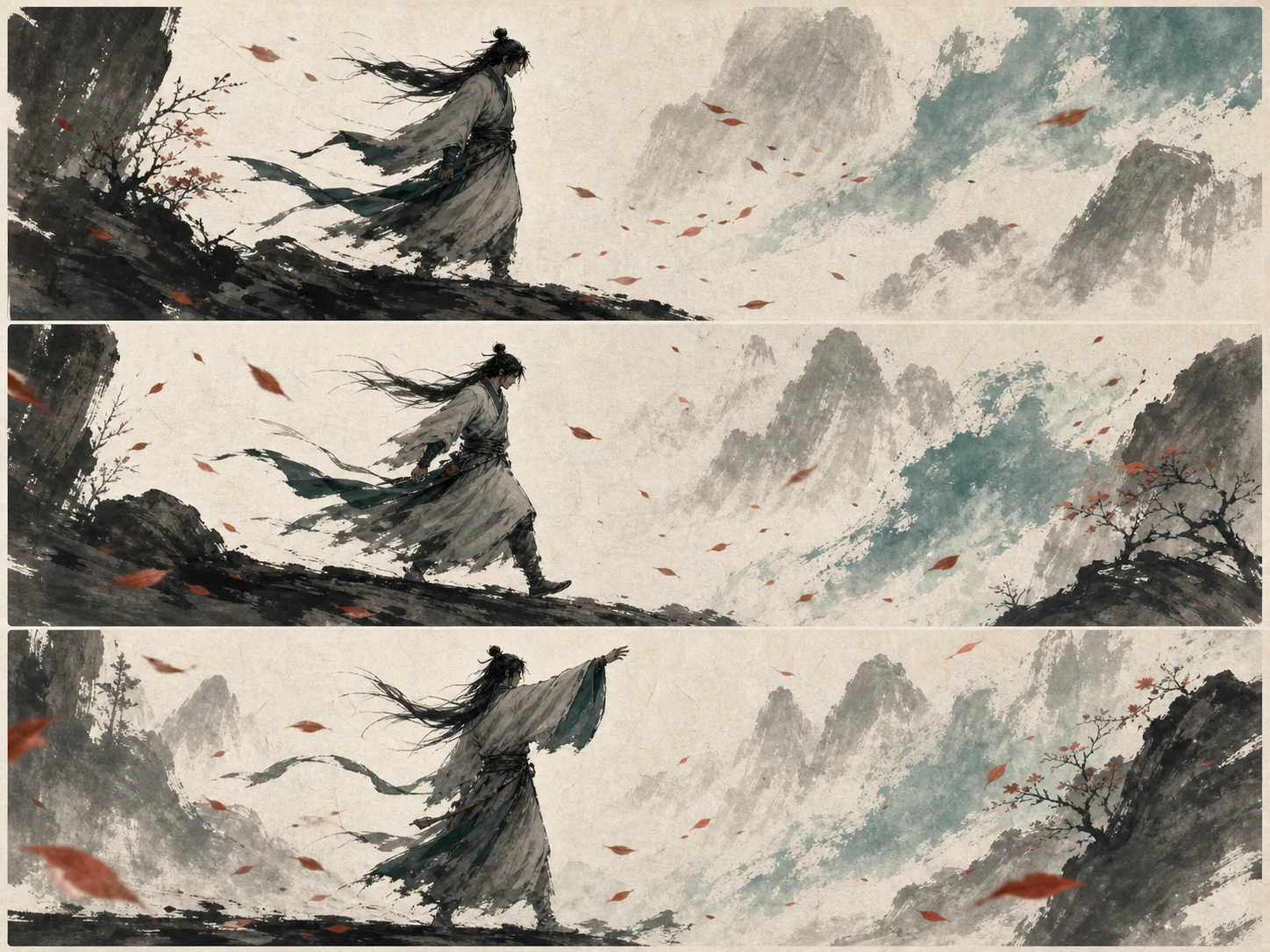 Editorial concept board for an ink-wash-inspired warrior moving through a windswept scene