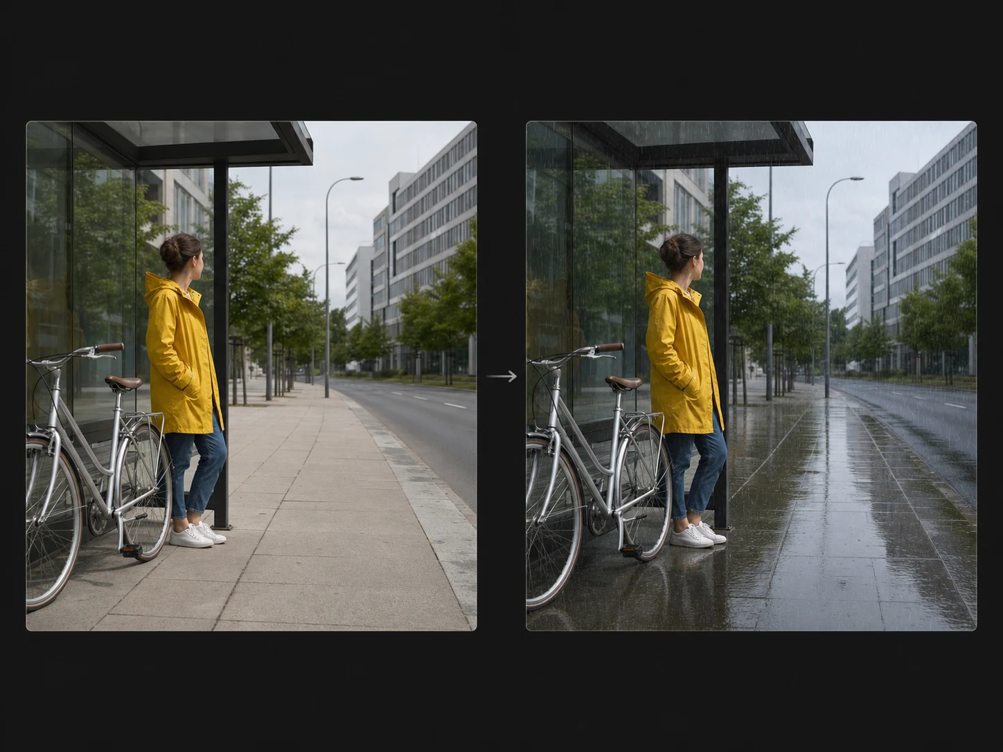 Focused weather edit preserving the person, bicycle, and composition