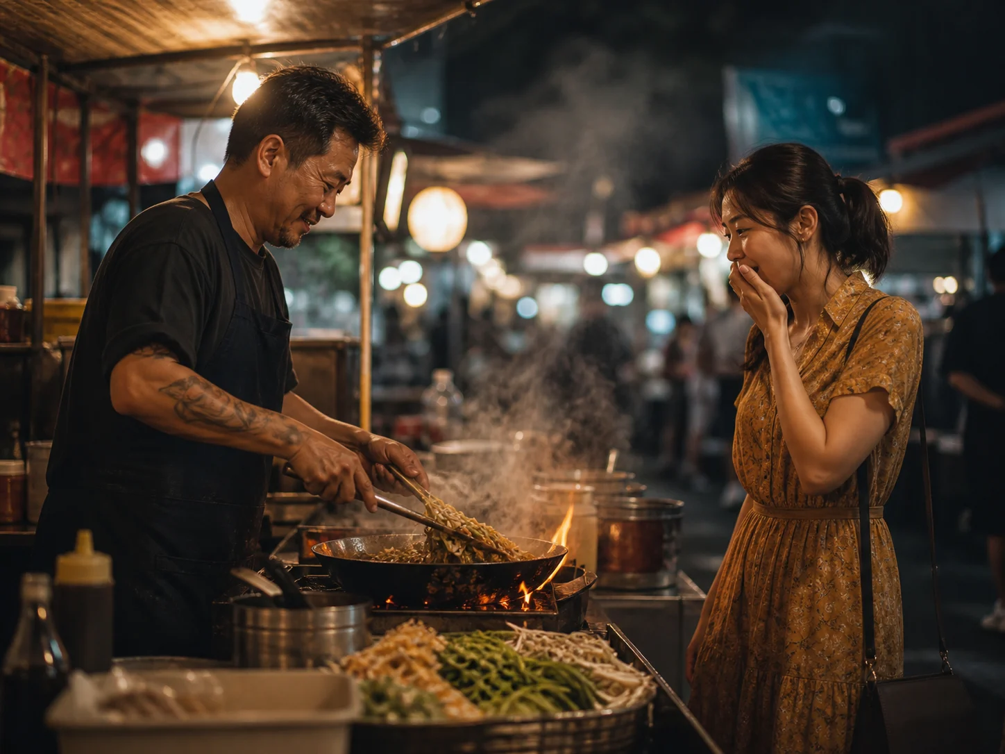 A natural night-market performance with action, reaction, ambience, and sound cues