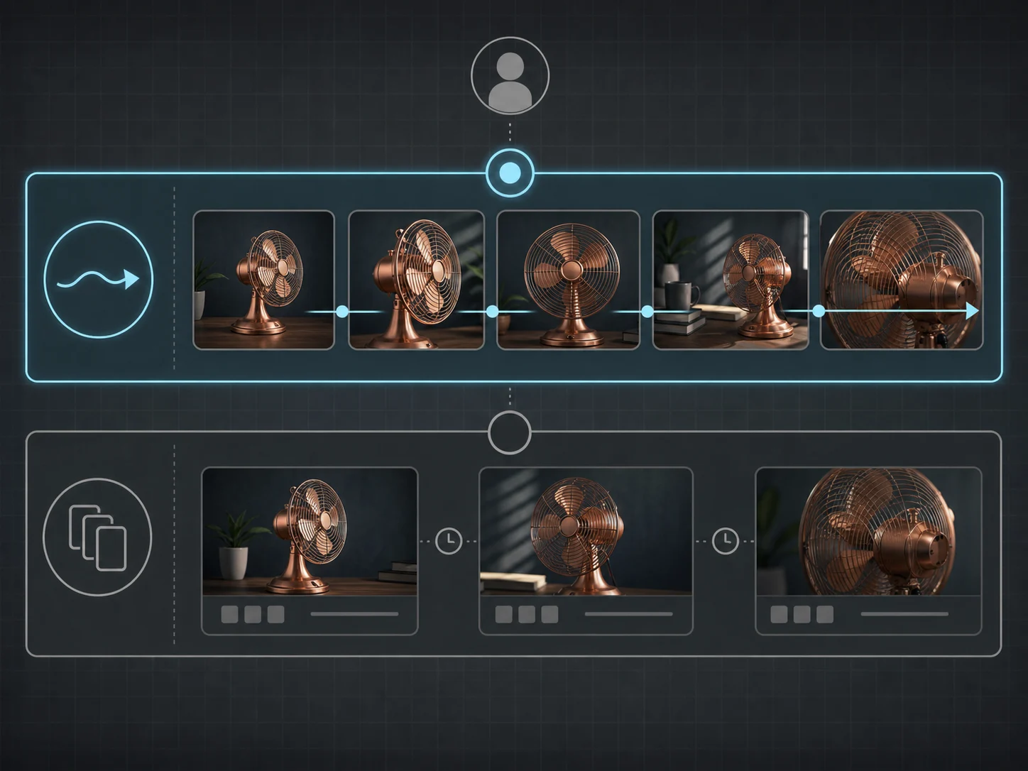 Recommended concept board selecting only one of two prompt-planning lanes for a copper desk fan