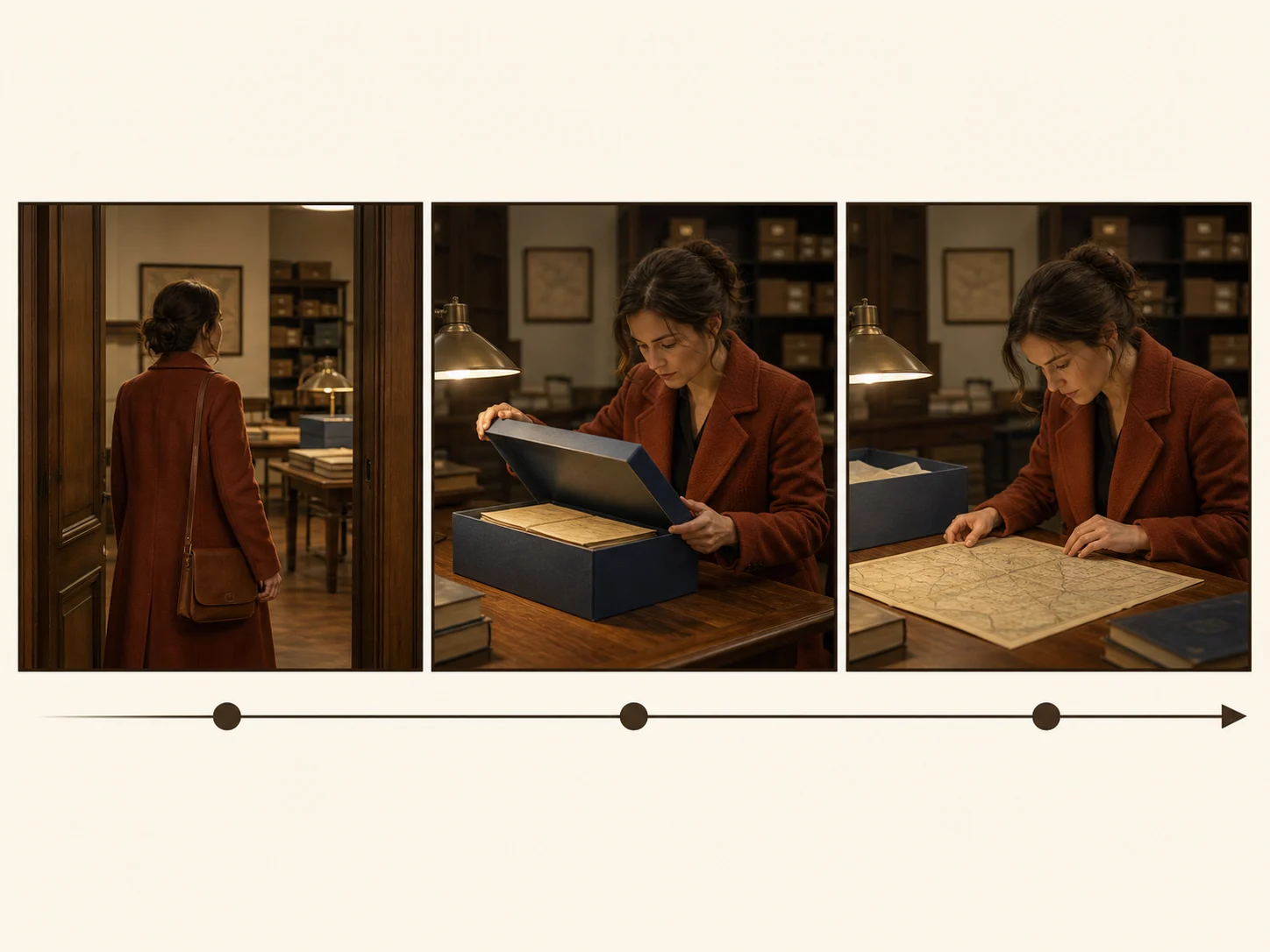 Recommended editorial storyboard with one archive action assigned to each of three shots