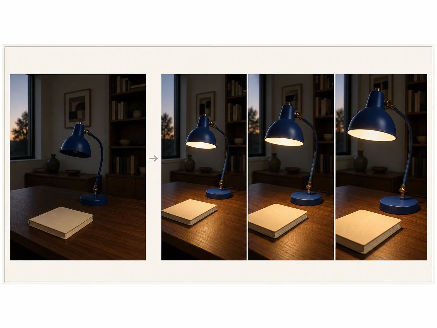 Recommended start-frame board preserving one blue desk lamp, notebook, room, and camera direction