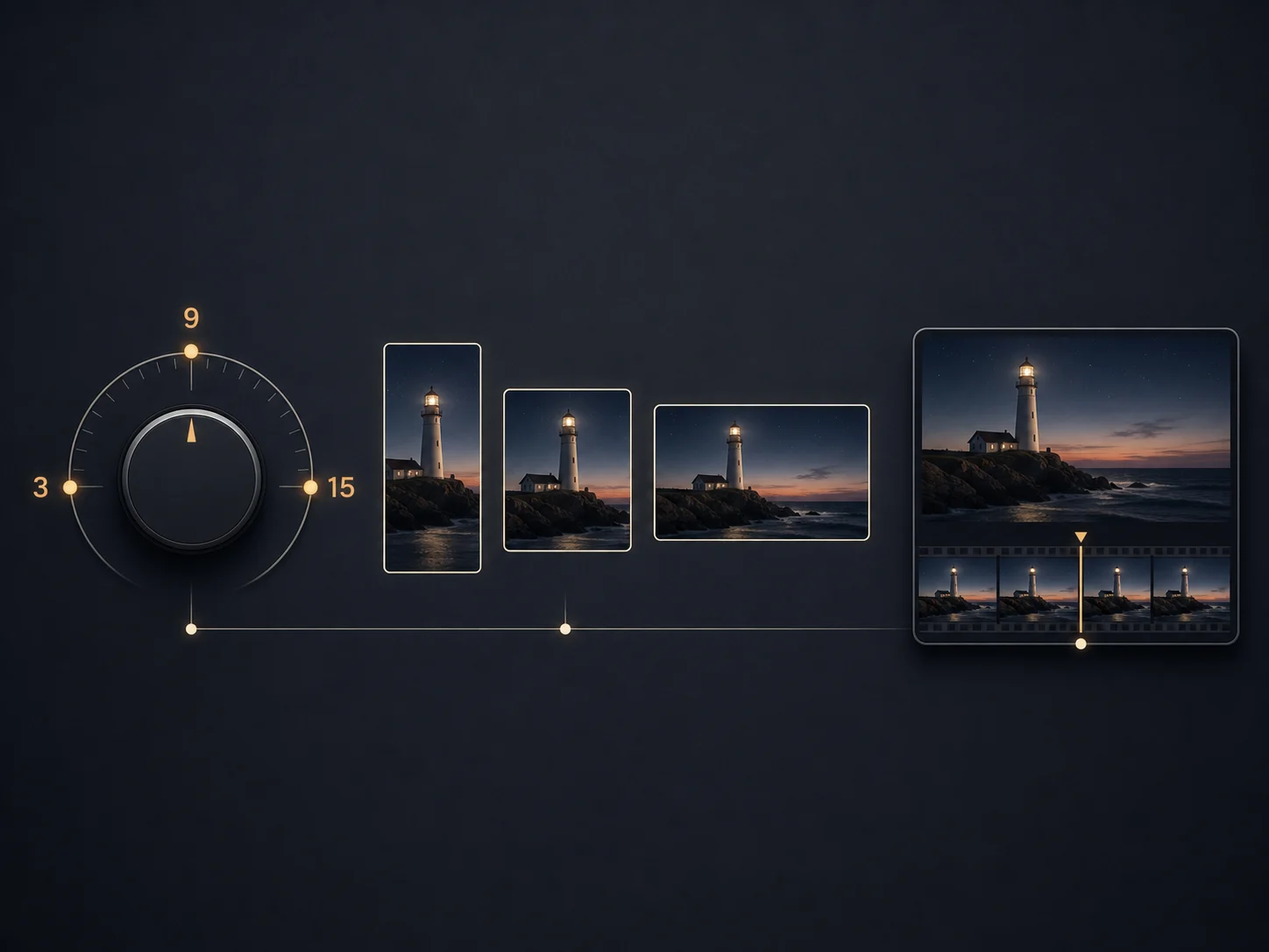 Editorial control board pairing a 3-to-15-second duration dial with portrait, square, and landscape lighthouse frames