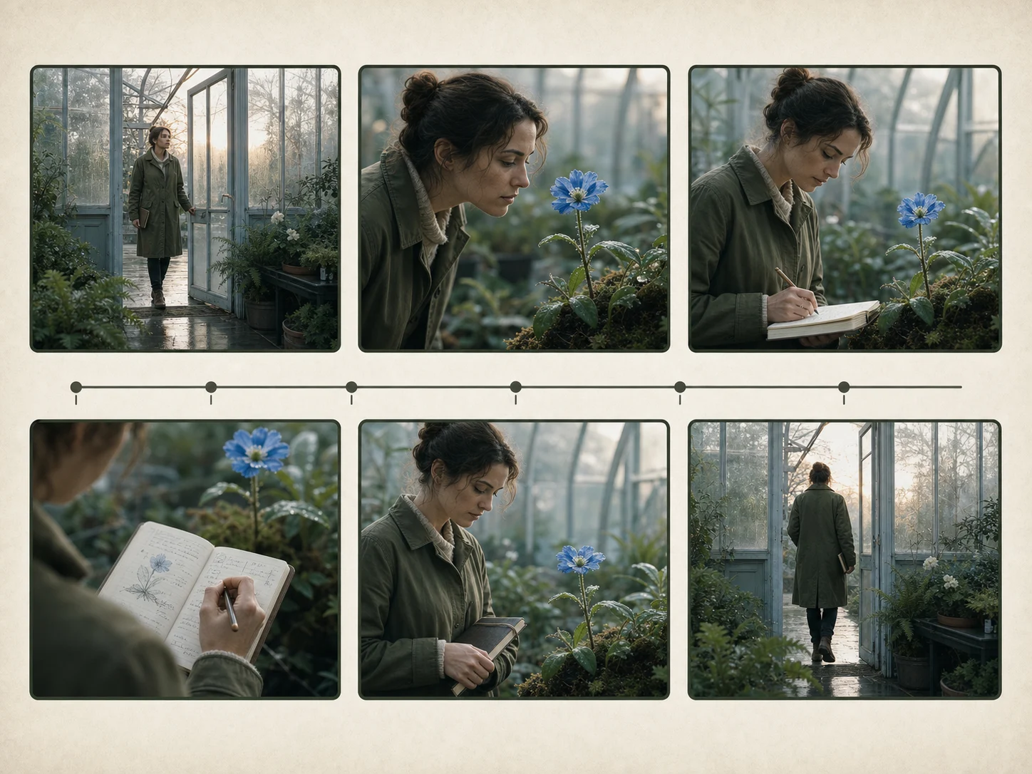 Six-frame editorial storyboard following one botanist and one blue flower through a compact glasshouse sequence