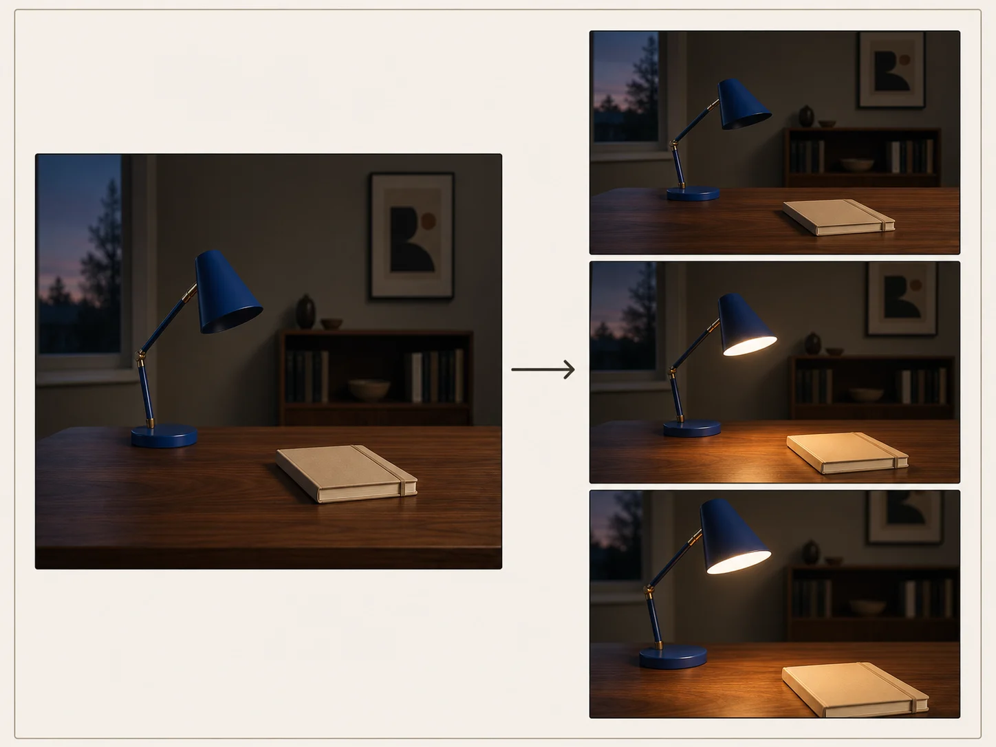 Start-frame concept board showing a blue desk lamp preserved while light and camera movement progress