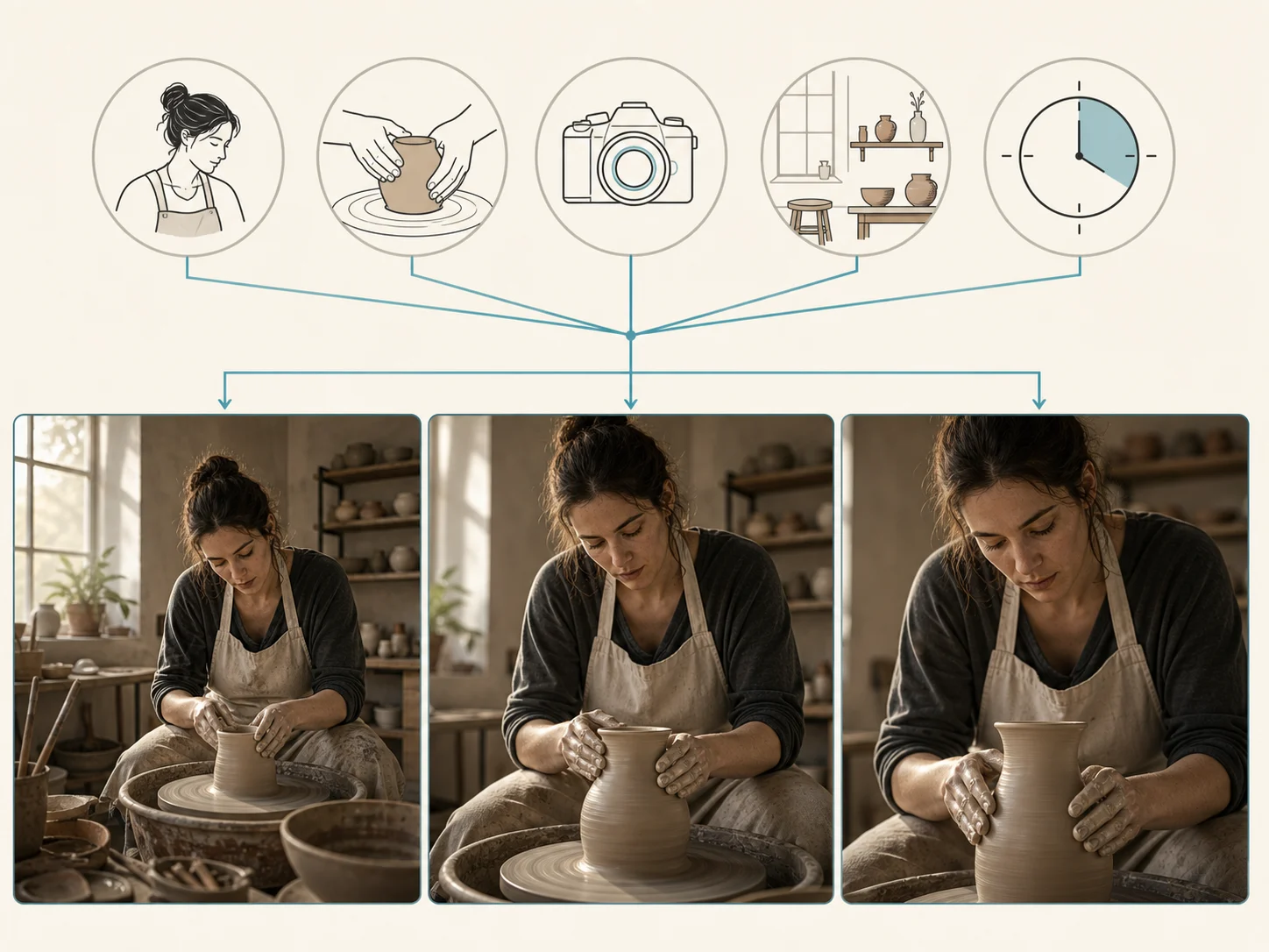 Editorial concept board combining subject, action, camera, setting, and timing into a consistent pottery-studio storyboard