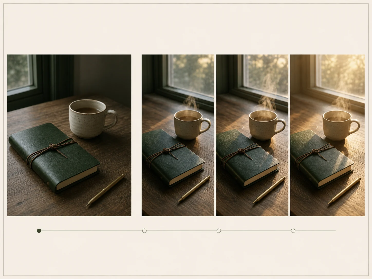 Editorial start-frame sequence preserving a green journal and cup while steam and morning light progress