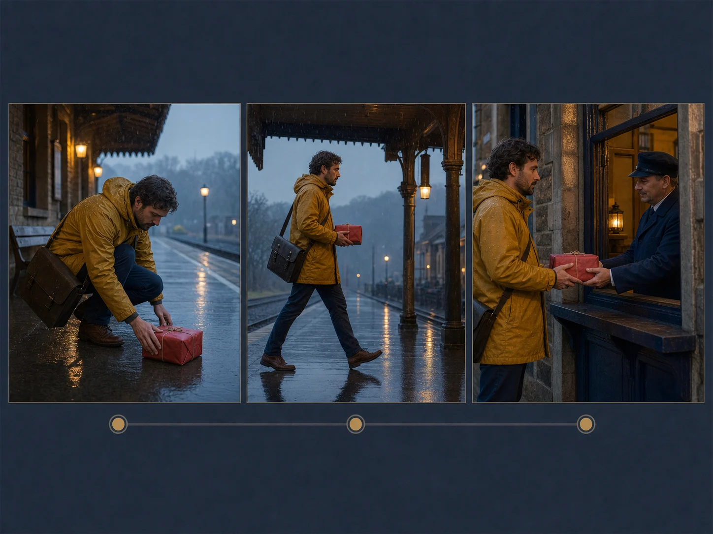 Three-shot editorial storyboard of one courier carrying the same red parcel across a rainy railway platform