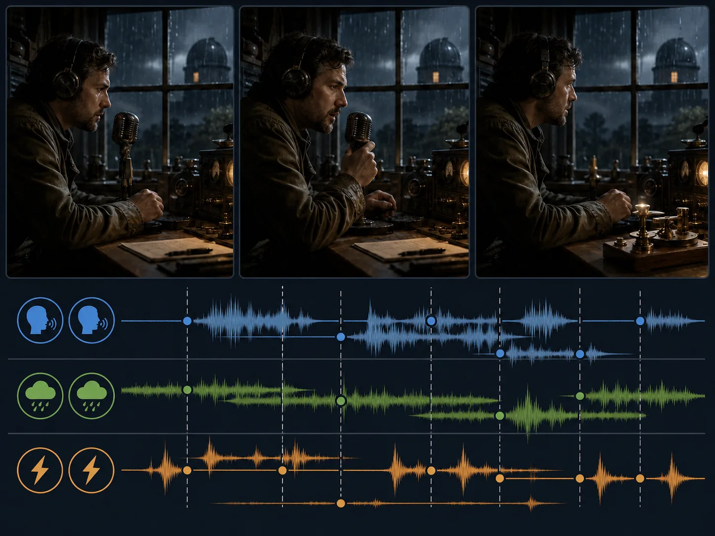 Avoid concept board with duplicate speaker cues and tangled overlapping audio lanes