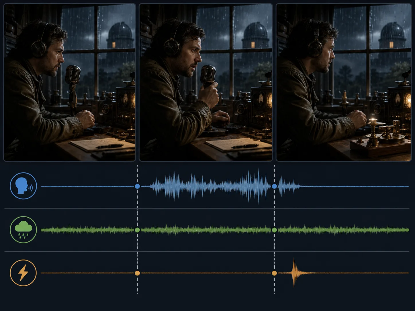 Recommended original concept board with distinct dialogue, rain, and machine-effect audio lanes