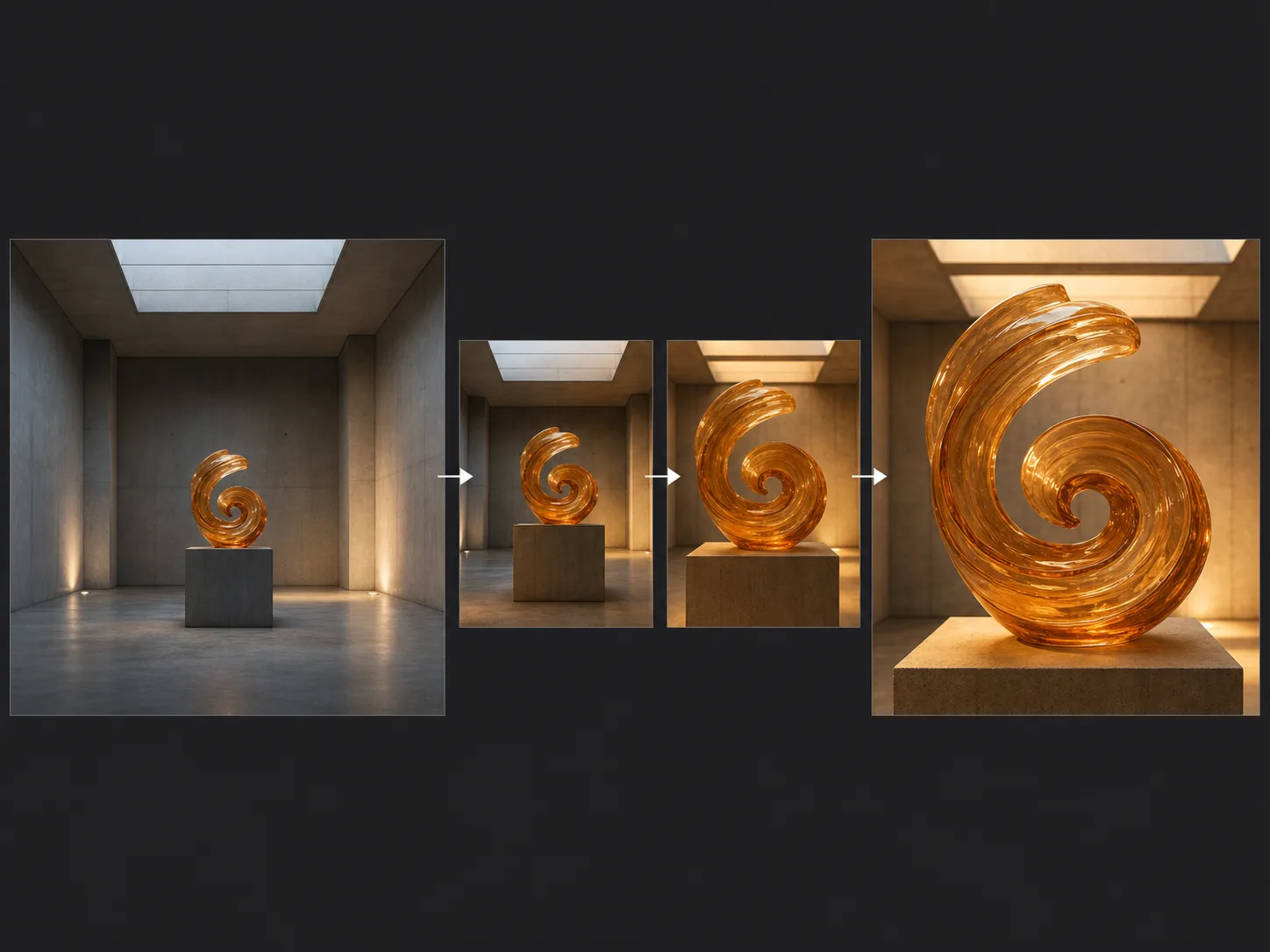 Recommended original concept board connecting compatible views of one amber spiral sculpture