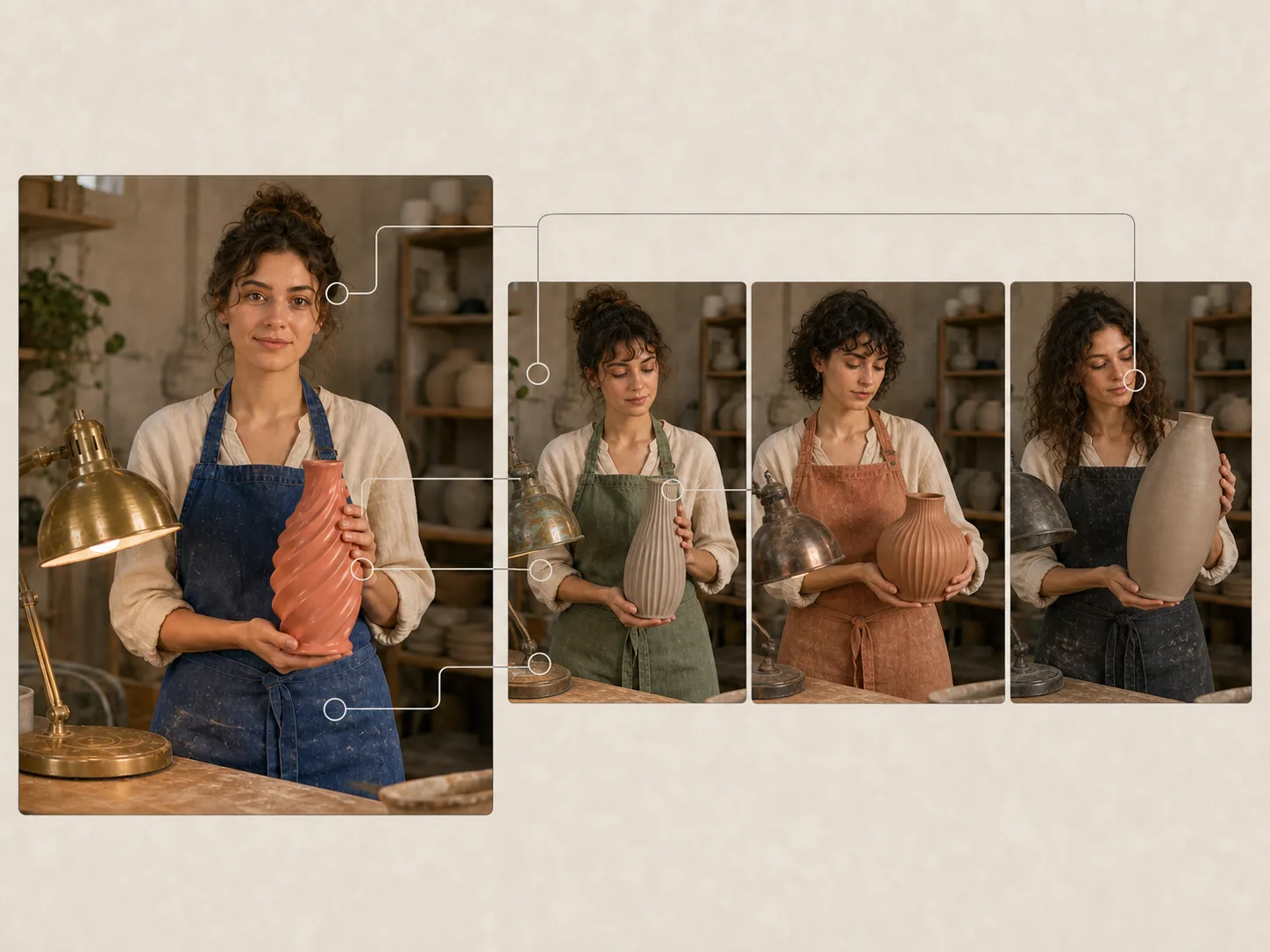 Avoid concept board where the person, apron, vase, lamp, and scale drift away from the source image