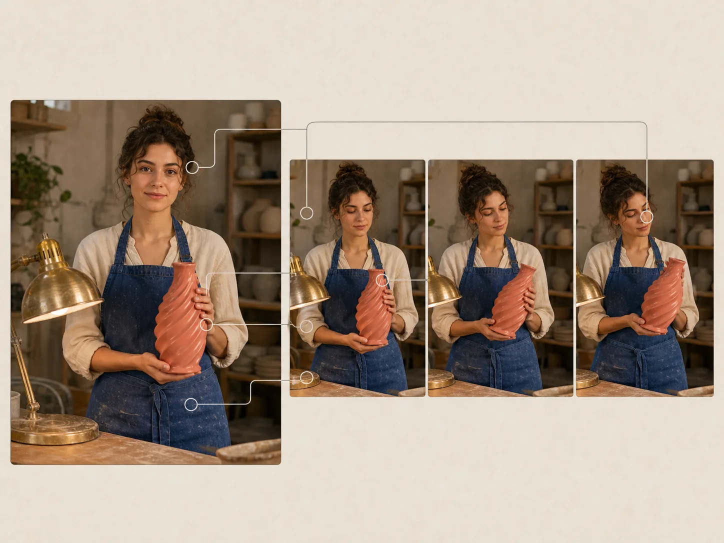 Recommended original concept board preserving a potter, blue apron, coral vase, and brass lamp across frames