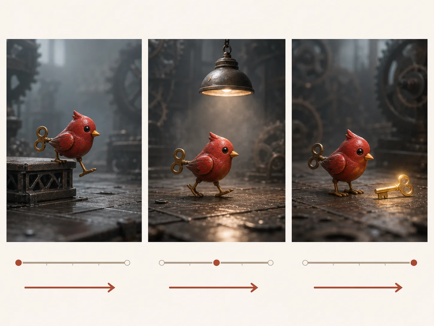 Recommended original concept board with one clear wind-up bird action in each timed shot