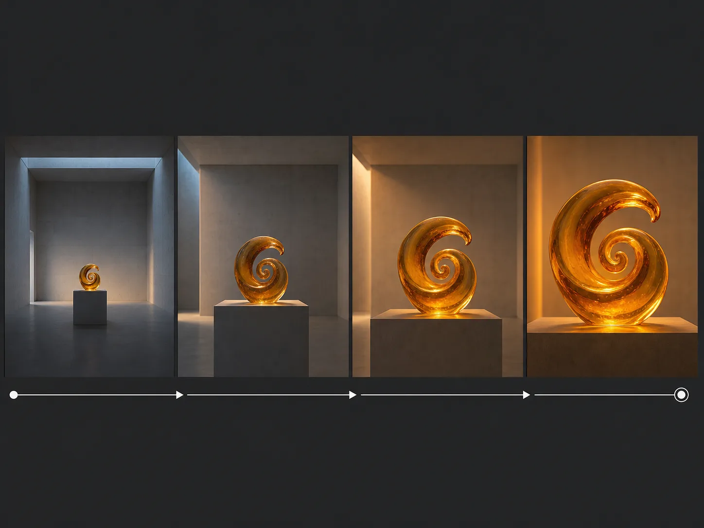 Original concept board connecting first and last frames of an amber glass sculpture in a concrete gallery