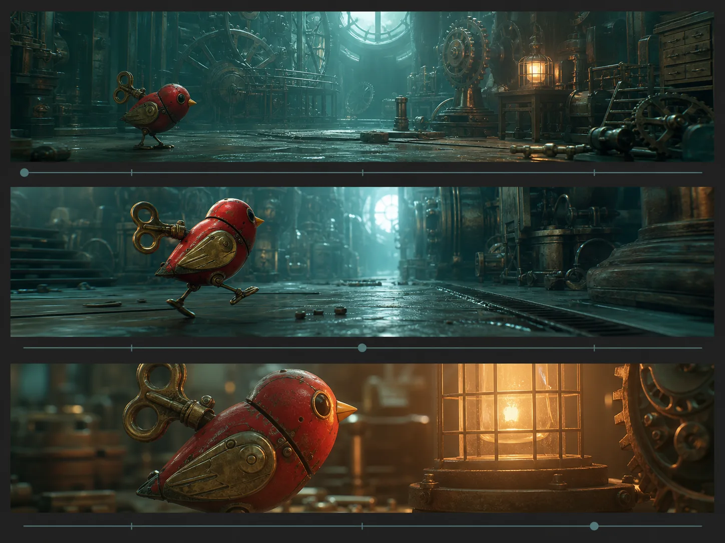Original three-panel concept board planning a miniature train journey as ordered Kling 3 shots