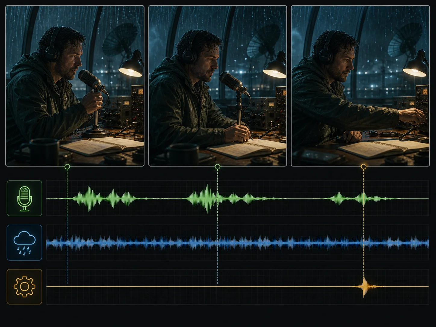 Original concept board aligning a rainy radio scene with dialogue, ambience, and sound-effect waveforms