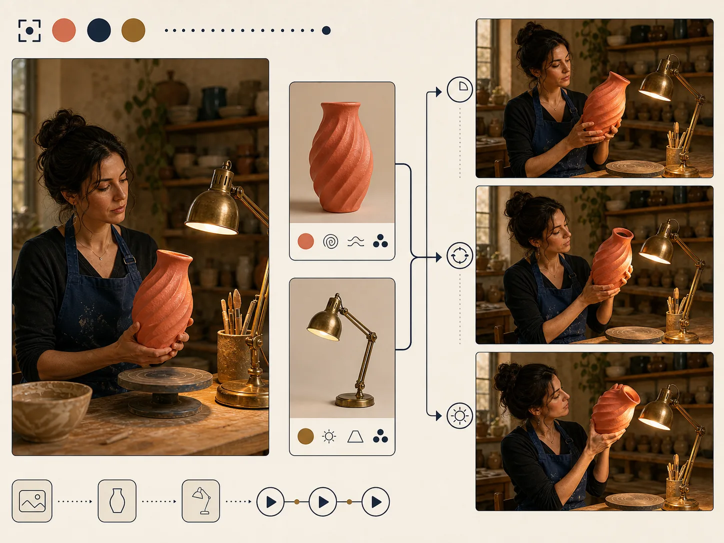 Original start-image concept board showing a paper fox and lantern guided through a controlled forest motion sequence