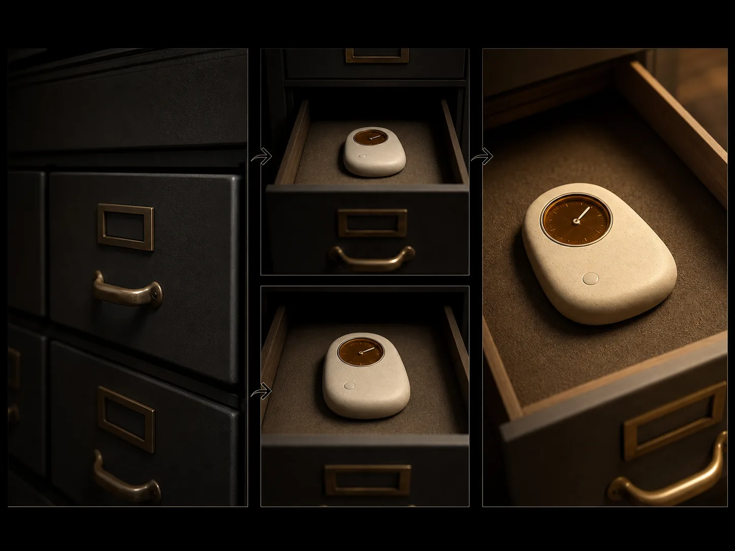 Original concept board showing a compatible first-frame setup progressing toward a designed glowing sculpture reveal