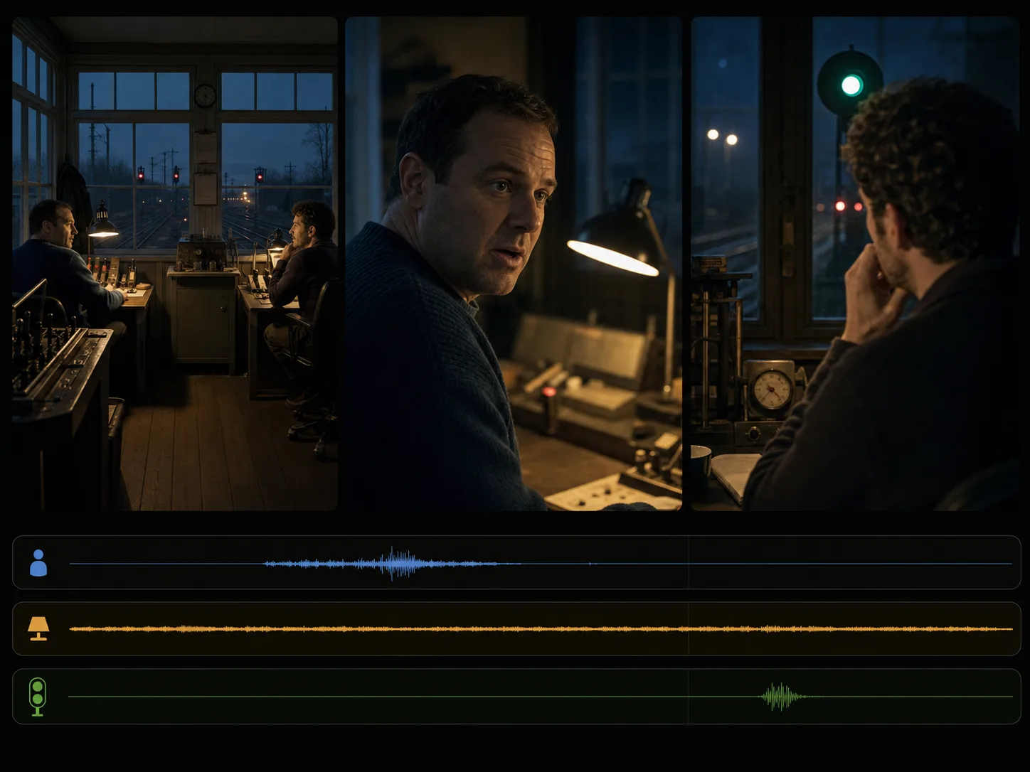 Original concept board for a three-shot café dialogue with speaker turns and ambience cues