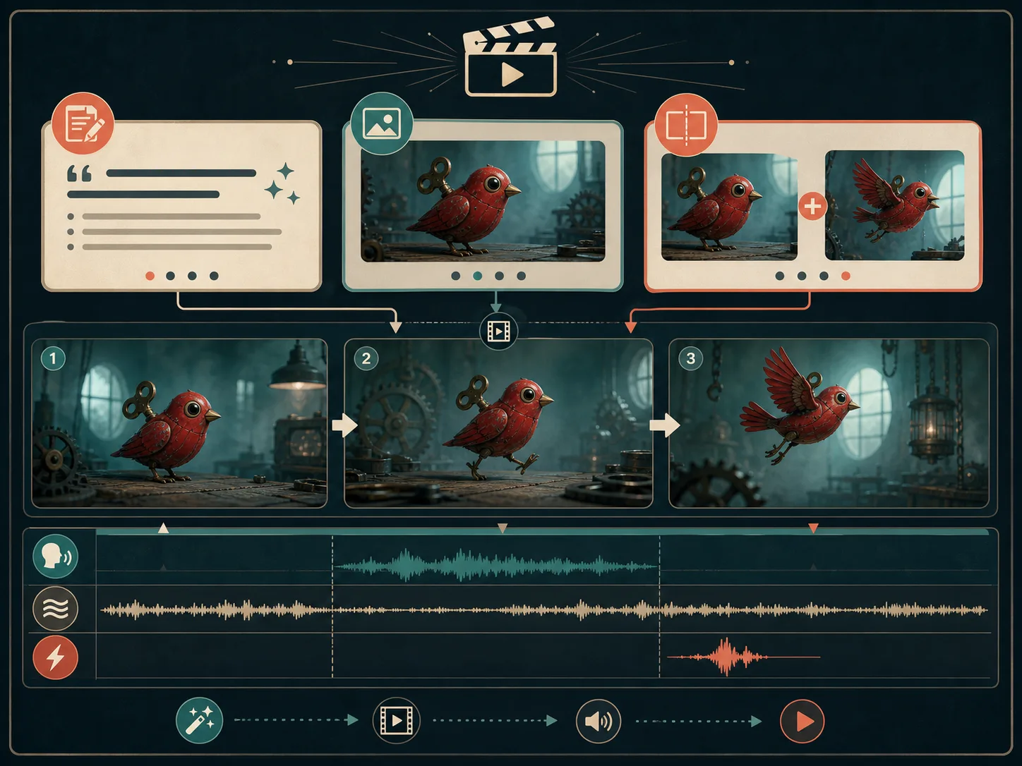 Original explanatory concept board for Kling 3 workflows, multi-shot planning, and audio direction