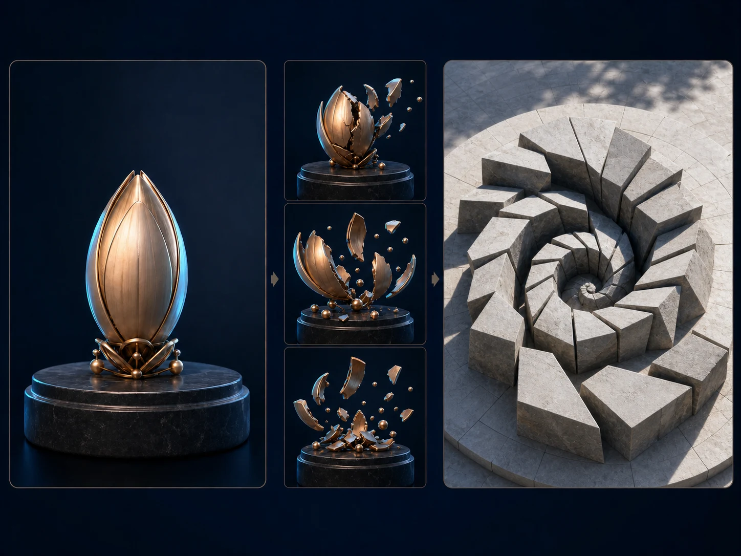 Avoid editorial endpoint board changing the sculpture, viewpoint, scale, environment, and lighting