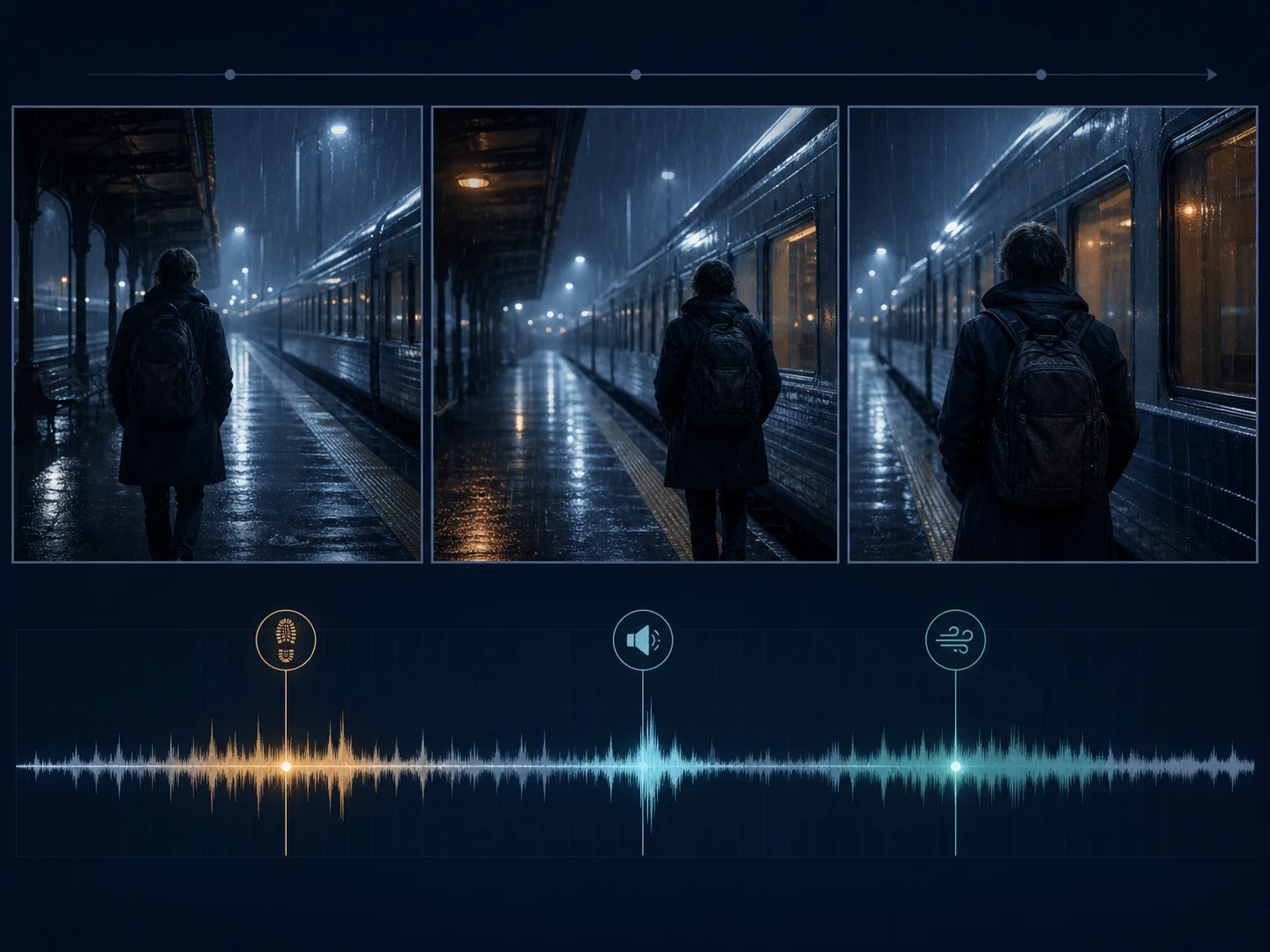 Editorial storyboard and waveform concept board aligning a camera move with dialogue, footsteps, and ambience