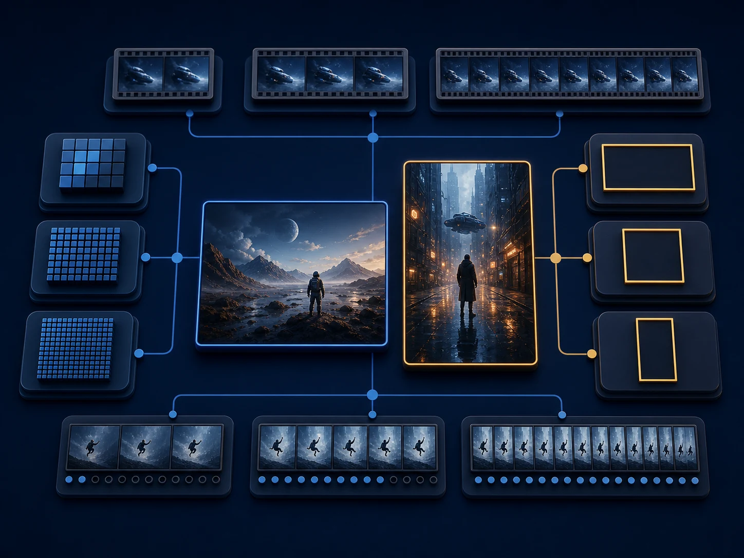 Editorial format matrix comparing landscape and portrait boards with resolution, duration, and frame-rate tokens