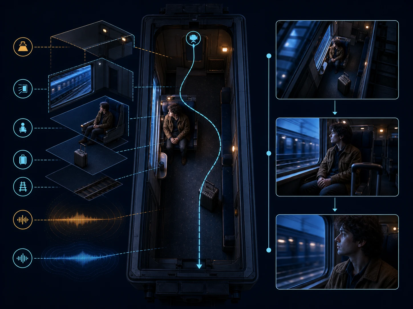 Editorial shot map separating subject, foreground prop, background train, camera rail, lighting, and audio zones