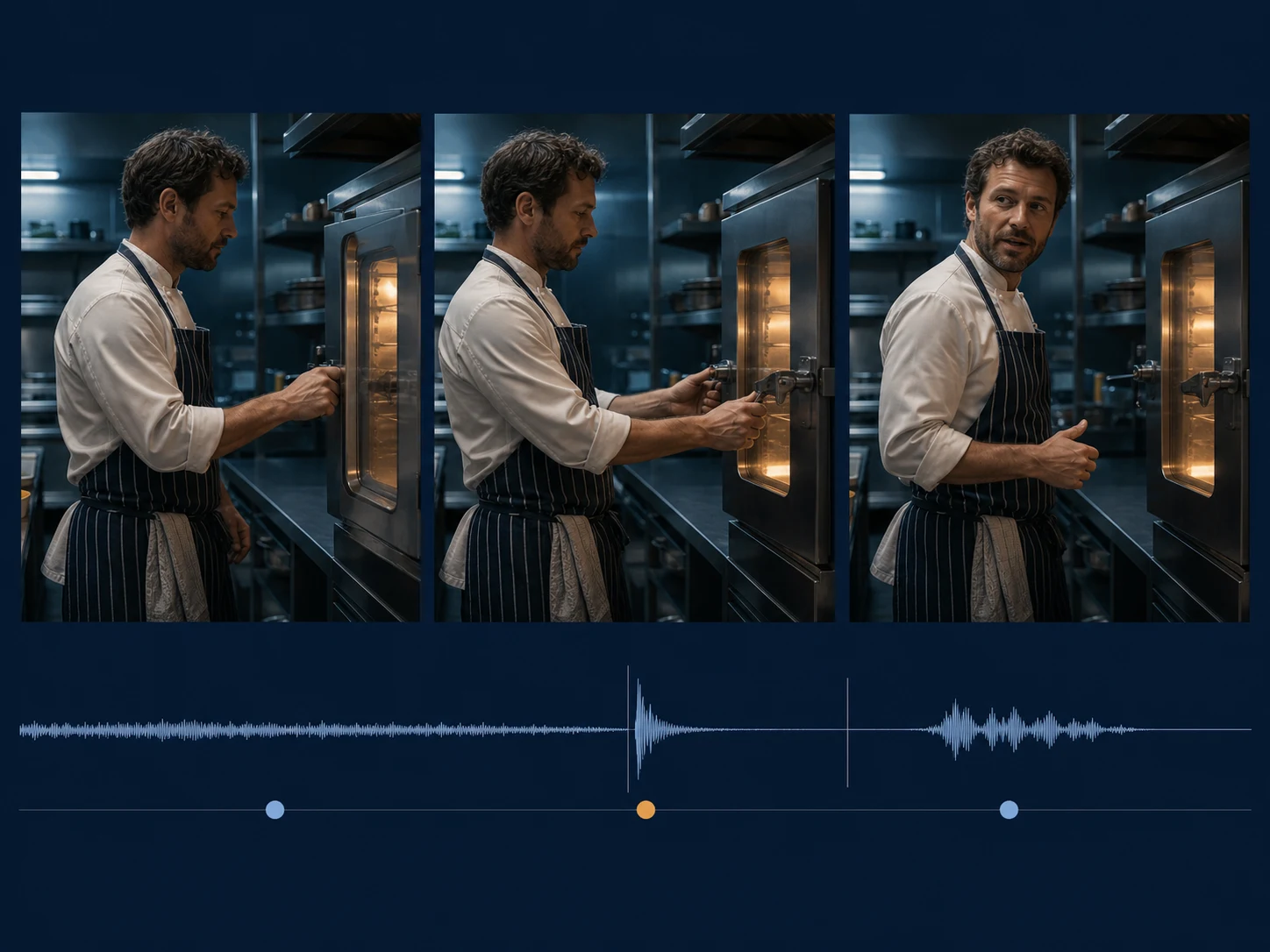 Editorial concept board timing a chef closing a metal oven with a latch click, room tone, and one short spoken line