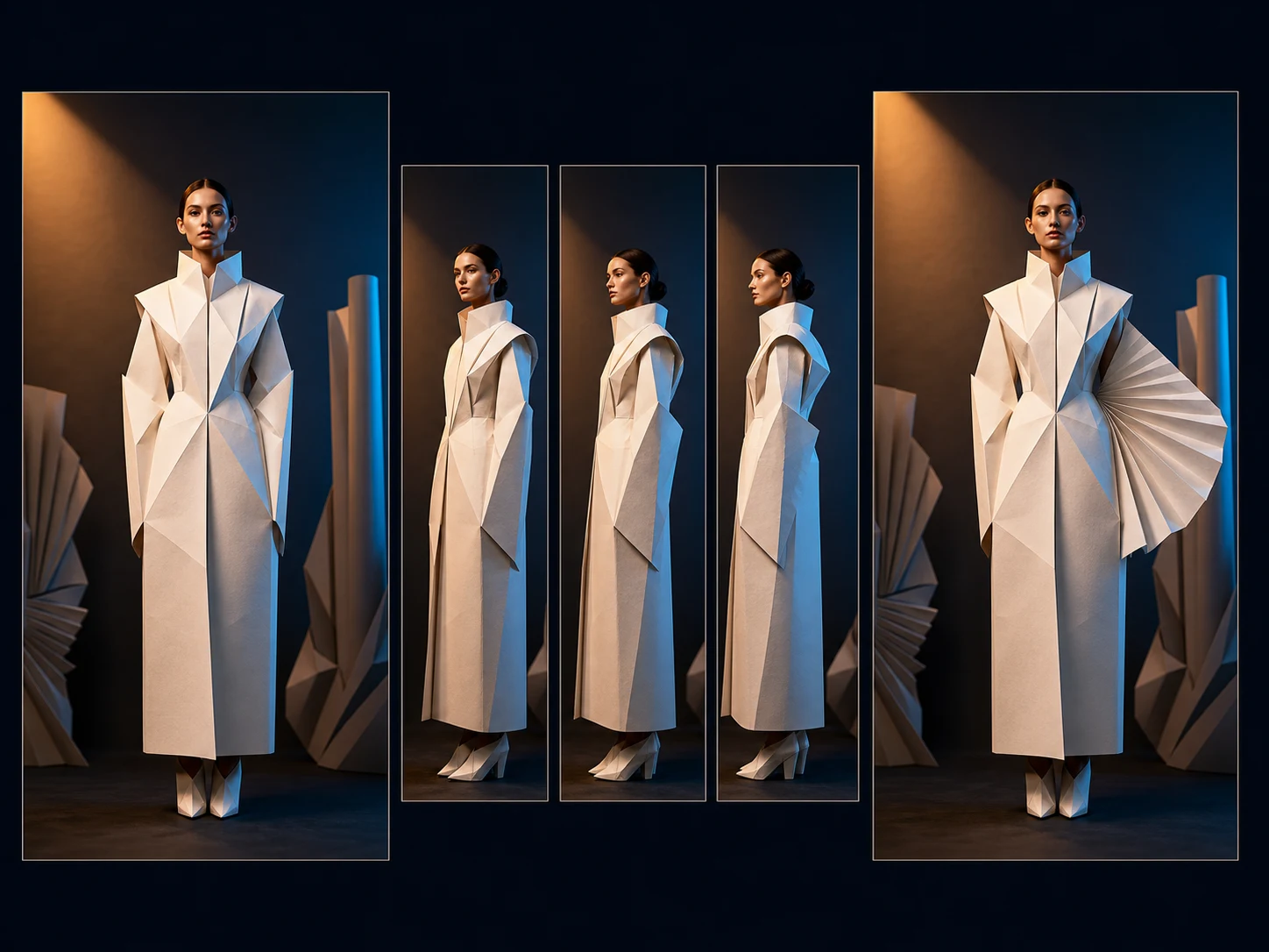 Editorial portrait concept board guiding a paper-fashion figure from a start pose to a compatible ending silhouette