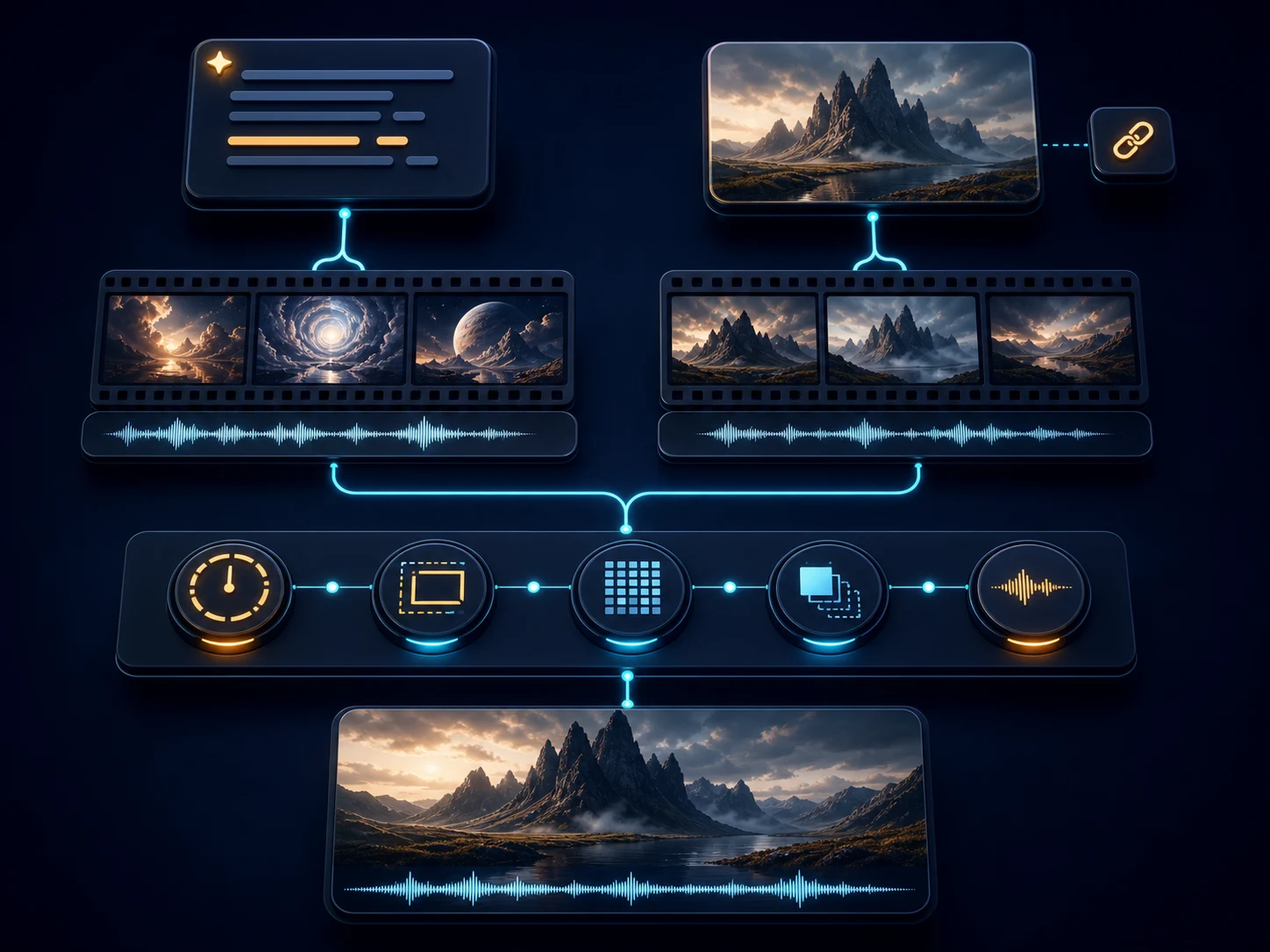 Editorial LTX 2.3 concept board comparing text-to-video and start-image workflows with shared controls